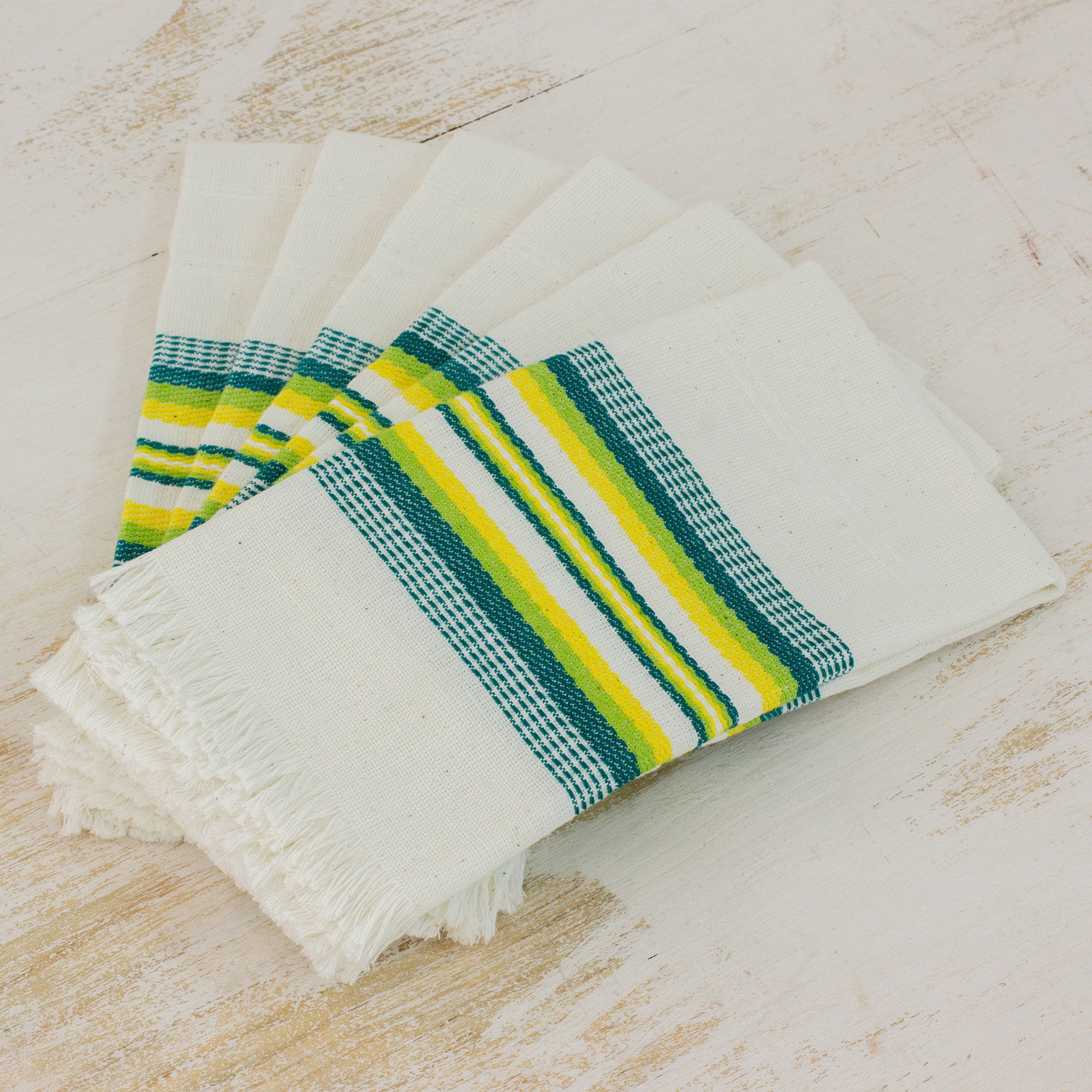 Premium Handwoven Cotton Napkins from Guatemala - Set of 6 (Multicolor Green & Yellow)