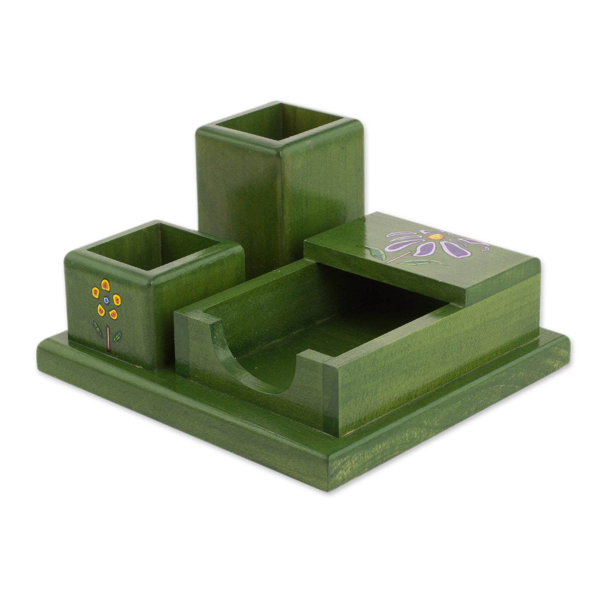 Premium Hand-Painted Pinewood Desk Organizer with Vivid Floral Design
