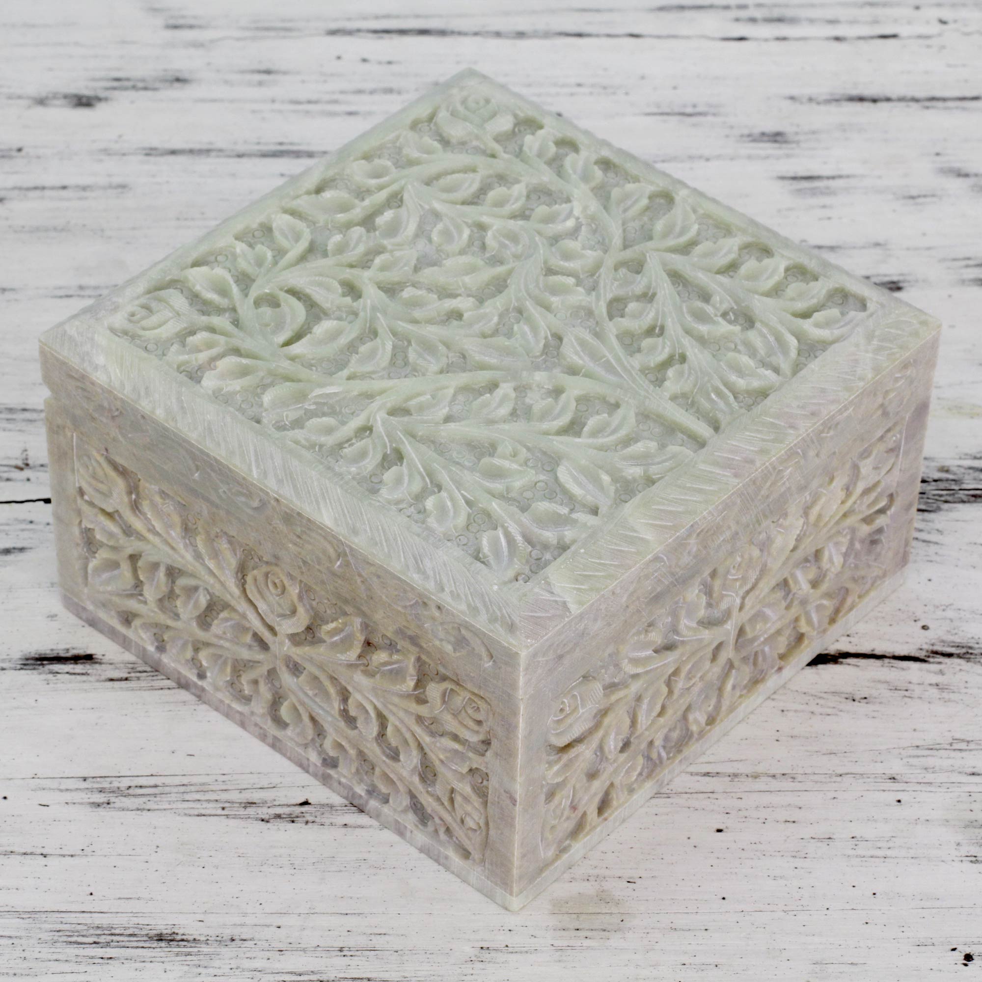 Premium Hand-Carved Soapstone Jewelry Box with Leafy Heart Design - Made in India