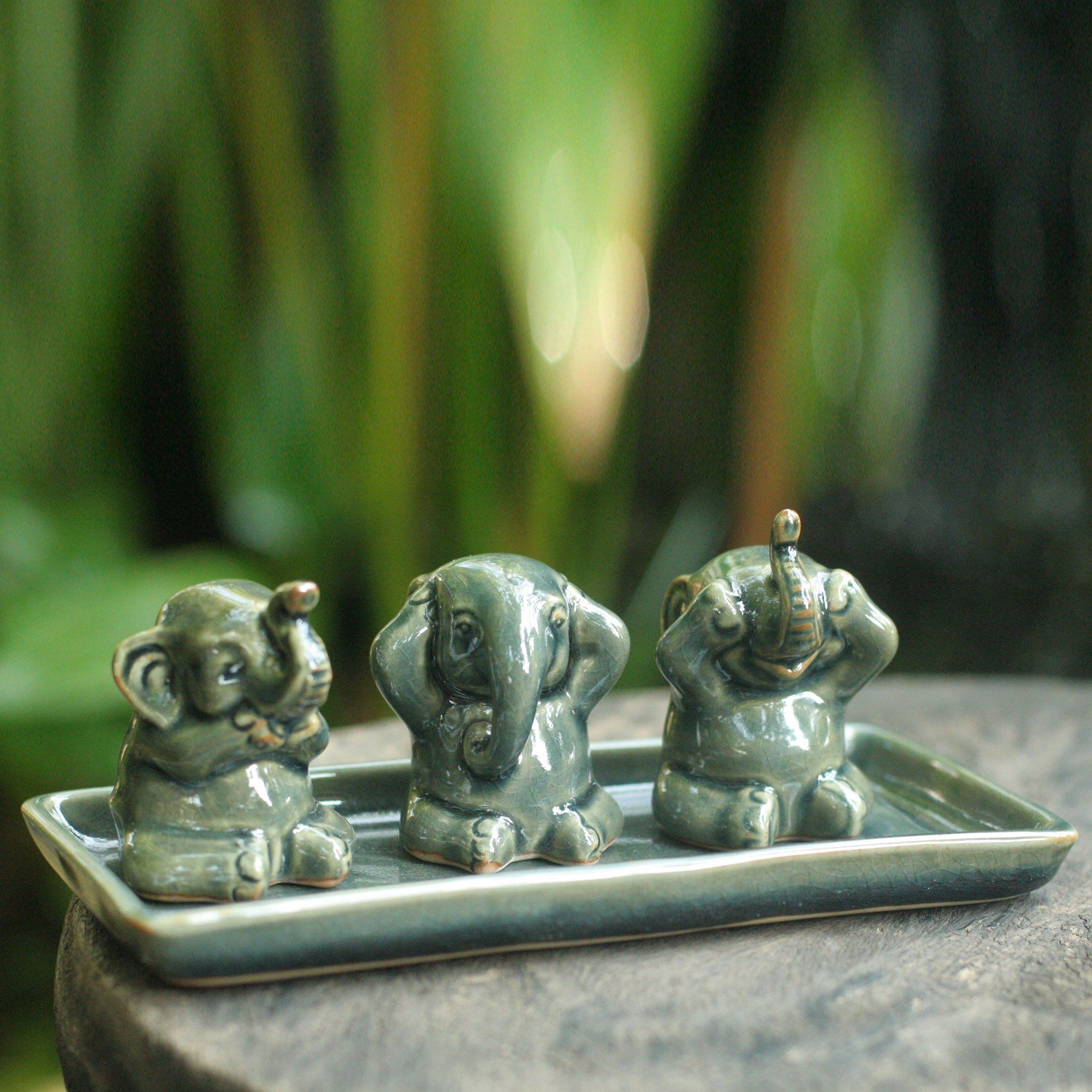 Premium Green Celadon Elephant Sculpture Set - Handcrafted Elegance