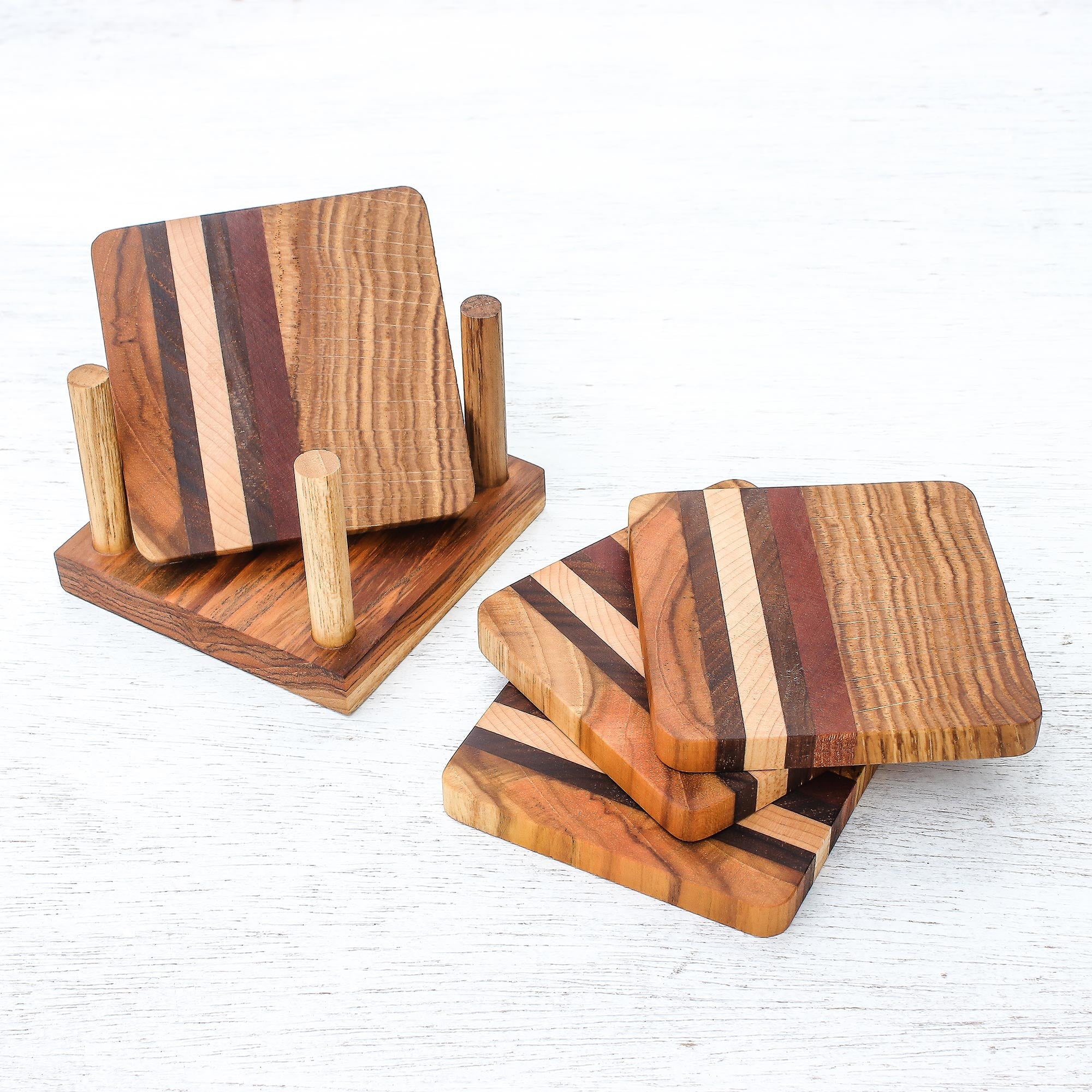 Premium Handcrafted Striped Wood Coasters Set of 4 - Natural Thai Design