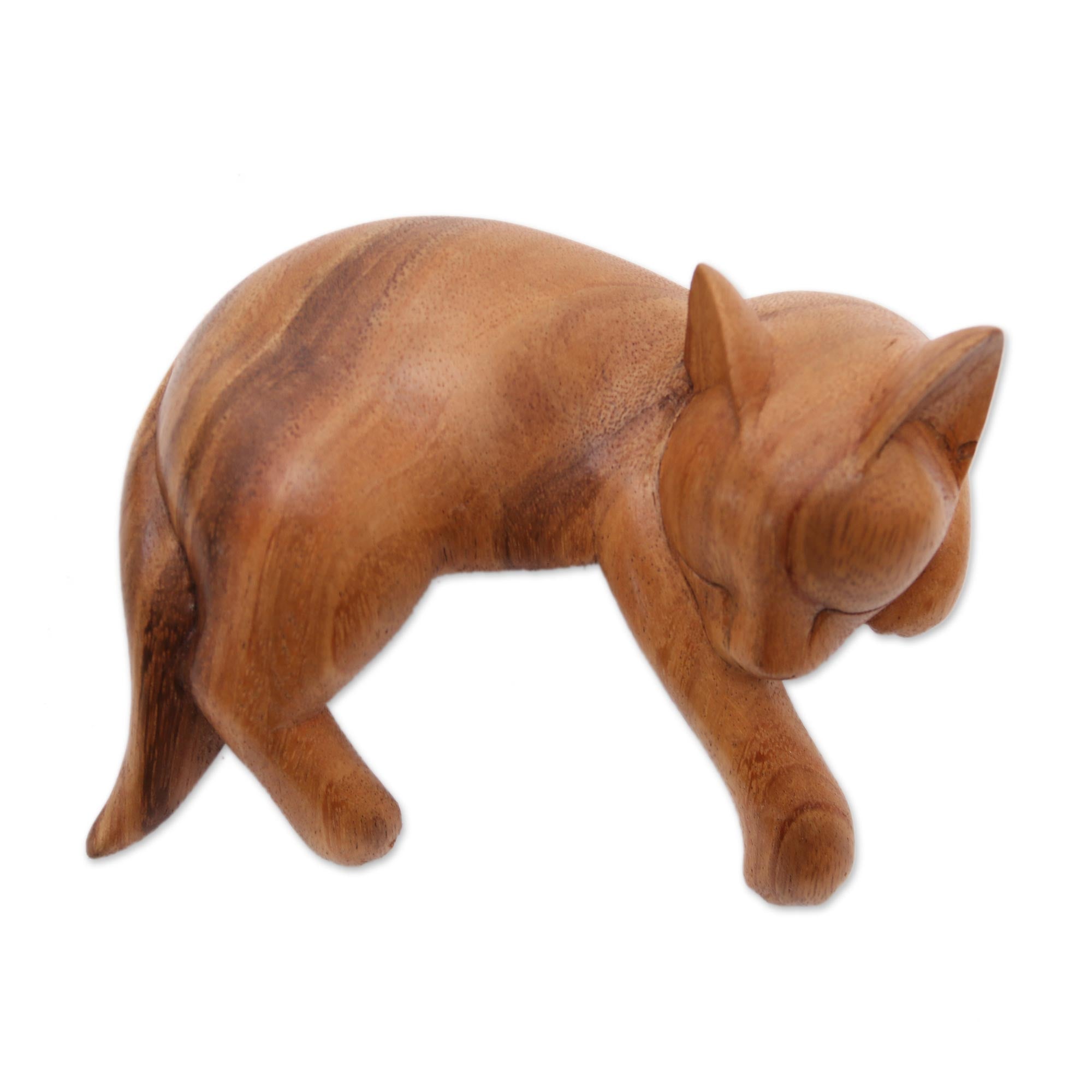 Premium Hand-Crafted Suar Wood Sleeping Cat Sculpture from Bali - Natural Finish