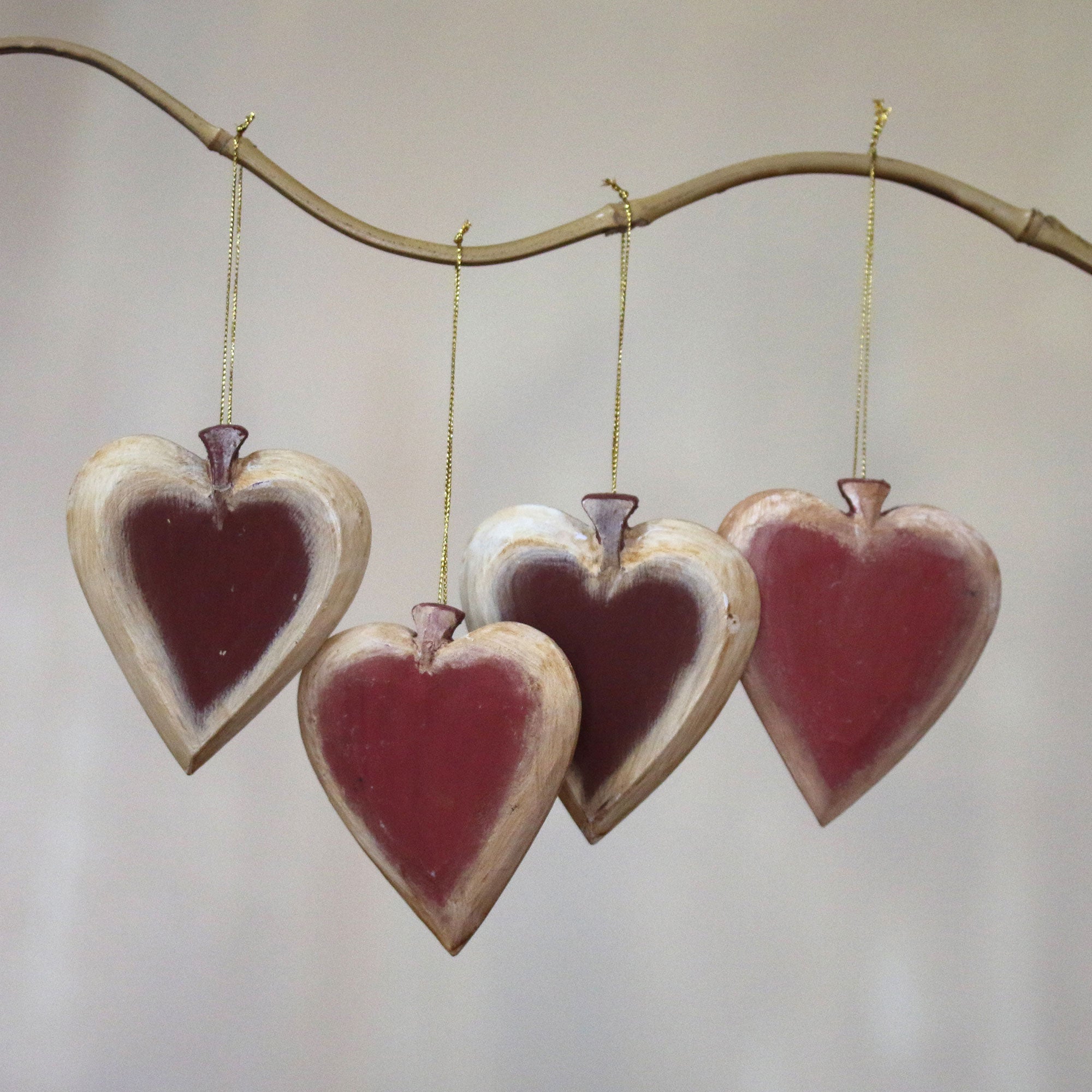 Premium Handcrafted Ruby Hearts Ornament Set from Bali – Set of 4