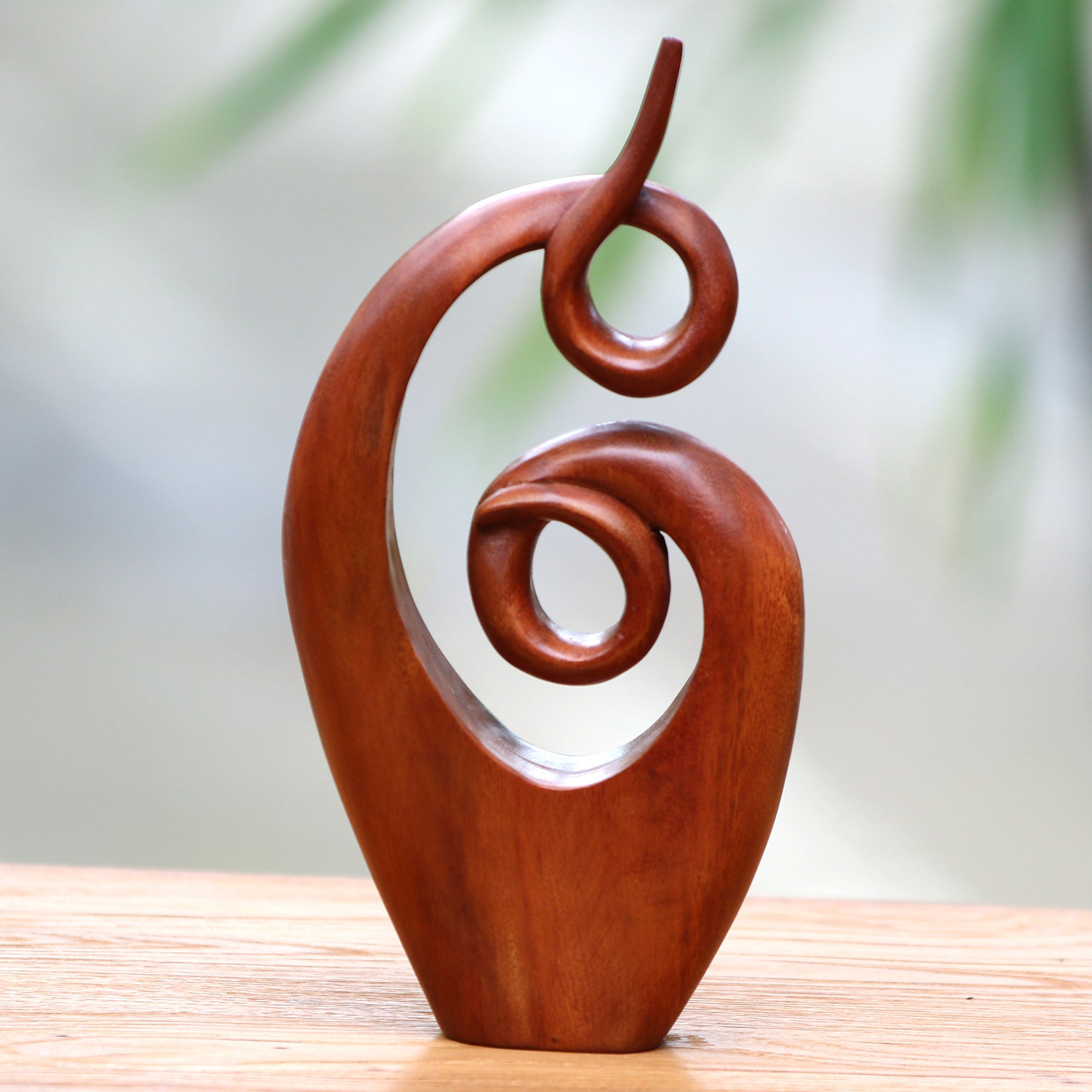 Premium Handcrafted Suar Wood Abstract Sculpture - Twirling Together from Bali