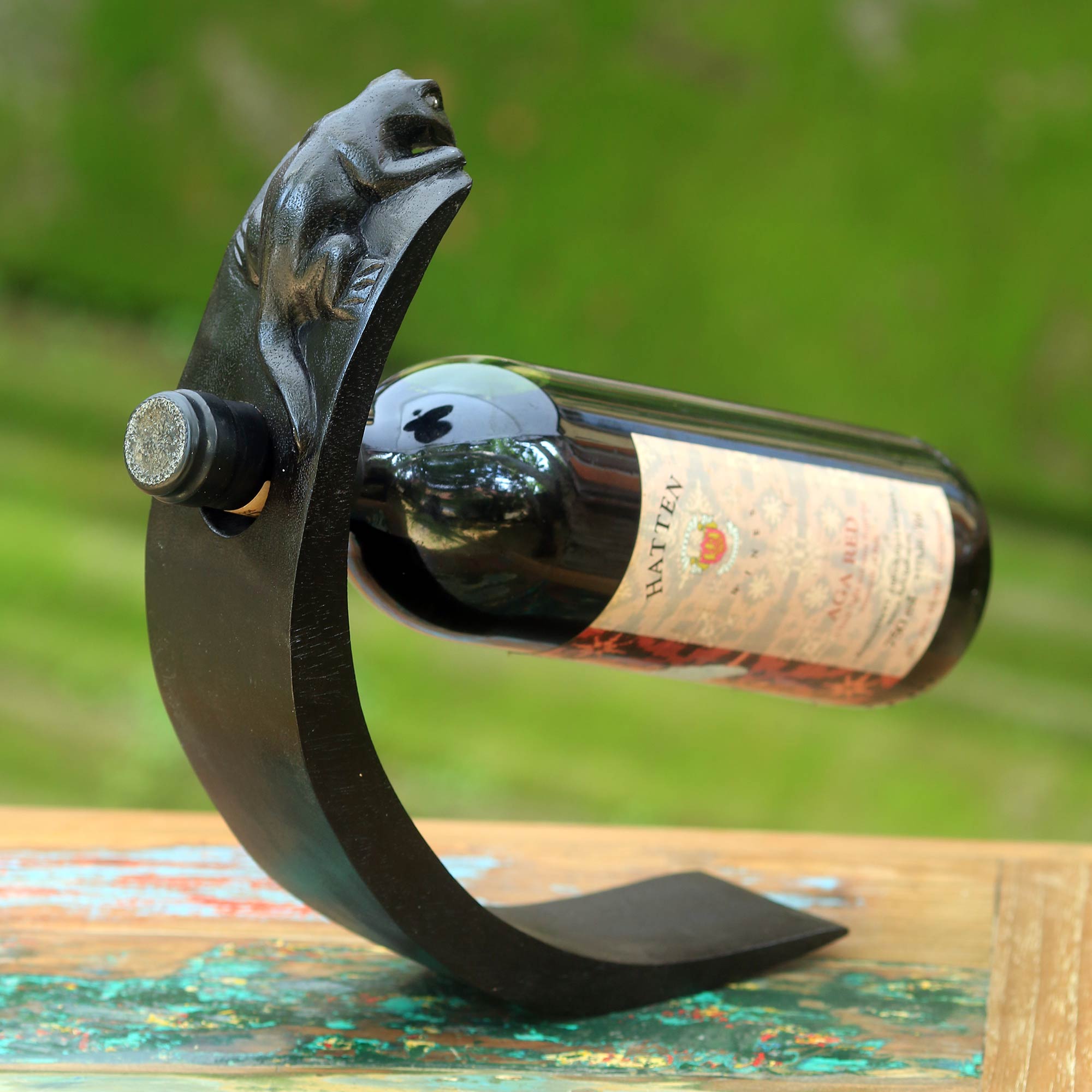 Premium Black Lizard Wood Bottle Holder – Handcrafted Art from Indonesia