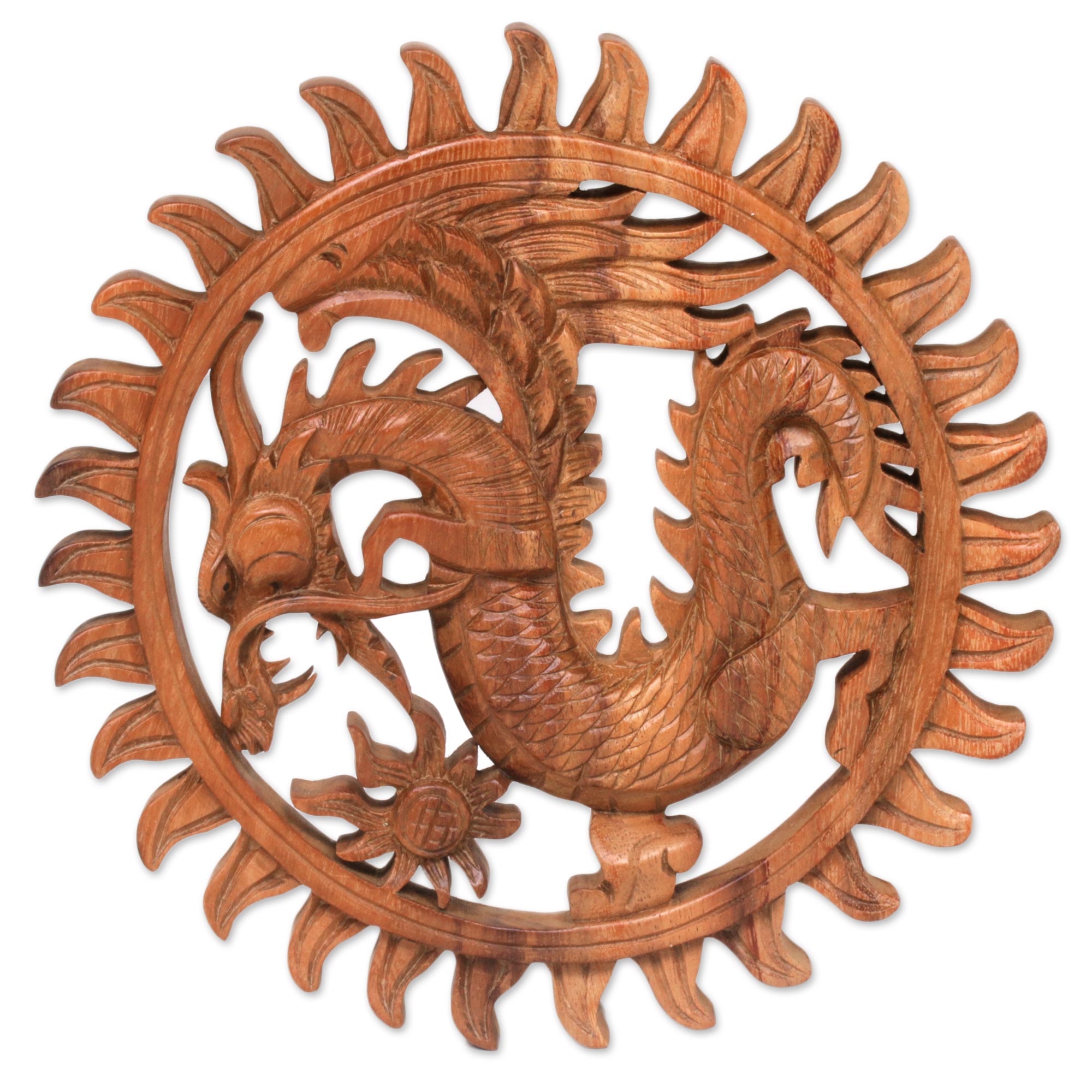 Premium Hand-Carved Balinese Dragon Wood Relief Panel – Circular Suar Wood Art
