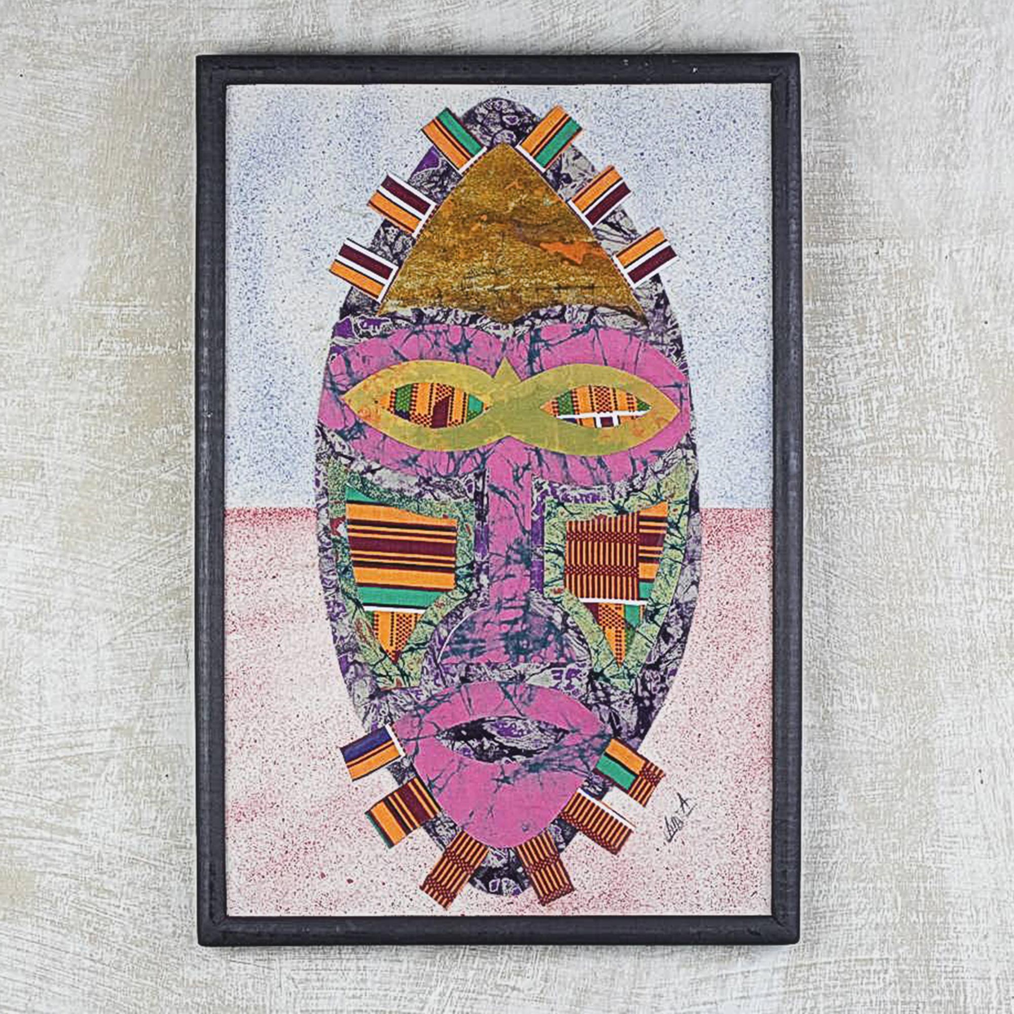 Premium Handmade African Mask Art - Oil & Batik Collage in Ceiba Wood Frame