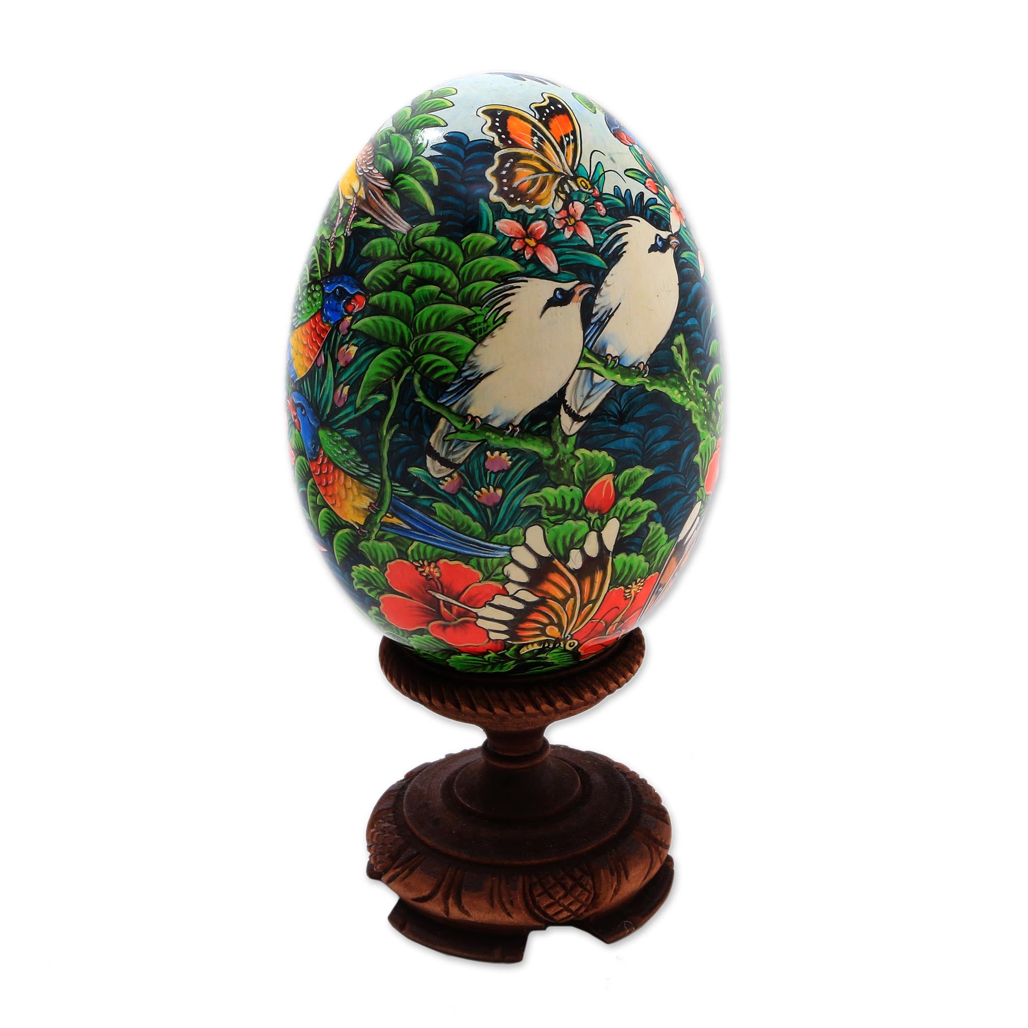 Premium Hand-Painted Albesia Wood Forest Animal Egg Sculpture - Unique Artisan Craft