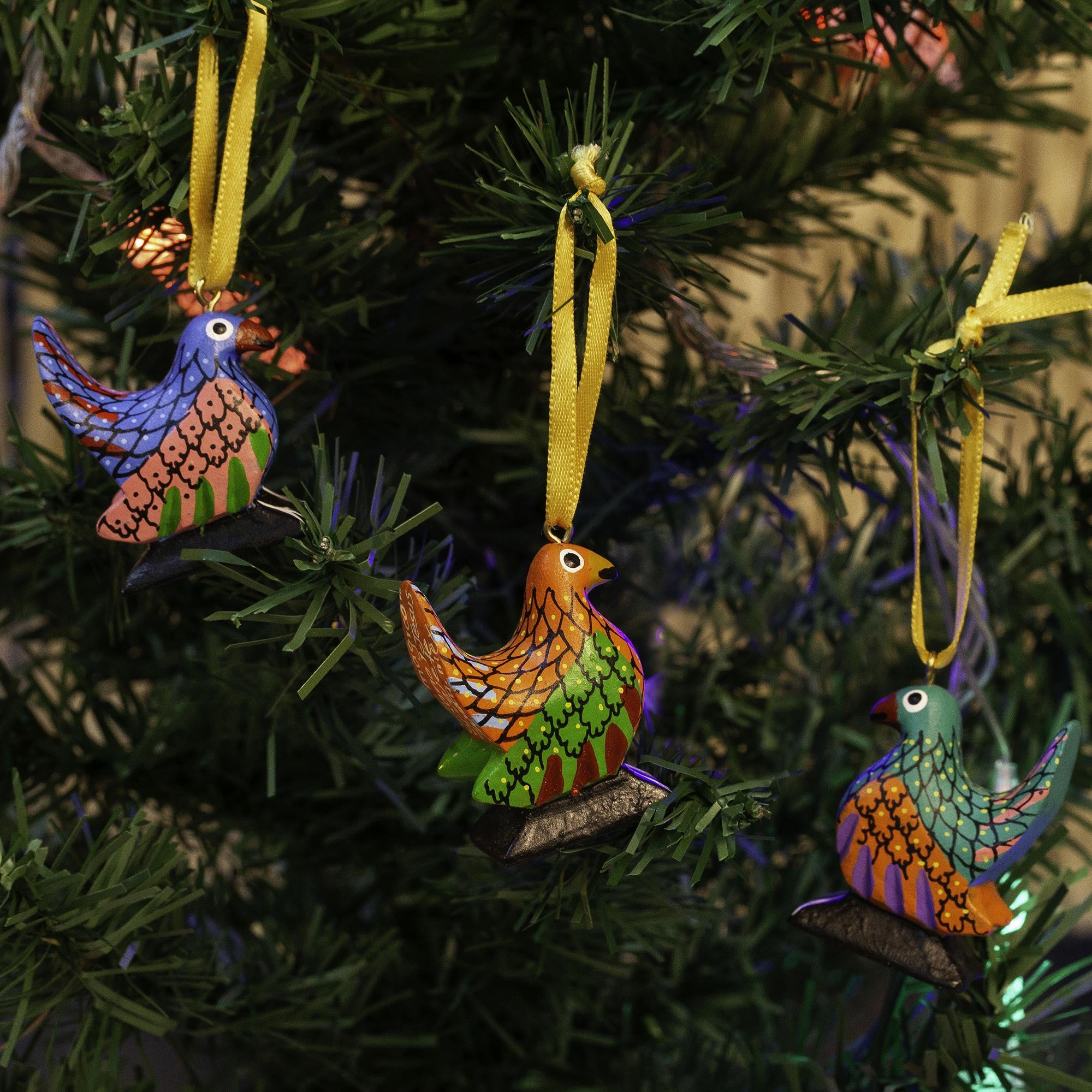 Premium Handcrafted Mexican Wood Alebrije Chicken Ornaments - Set of 5