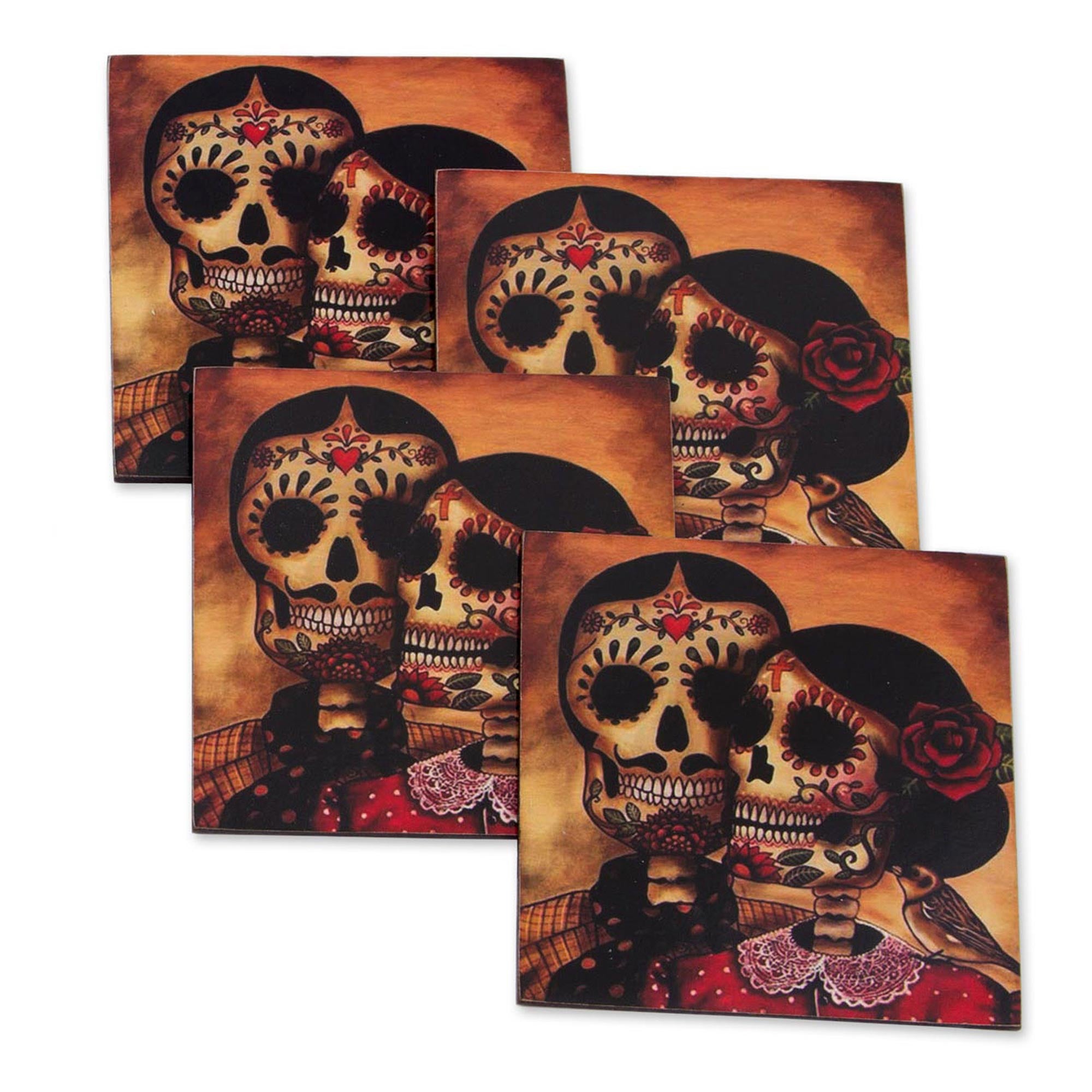Premium Day of the Dead Romance Coaster Set - Handcrafted Decoupage Art (Set of 4)