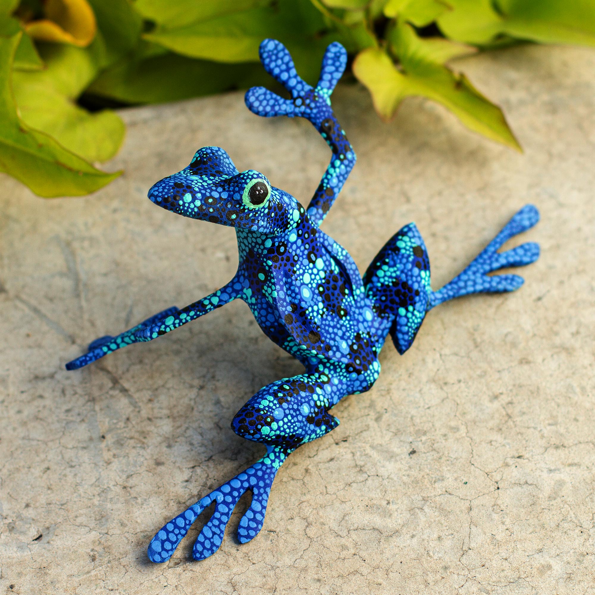 Premium Blue Dancing Frog Handcrafted Sculpture - Oaxaca Artisan Alebrije