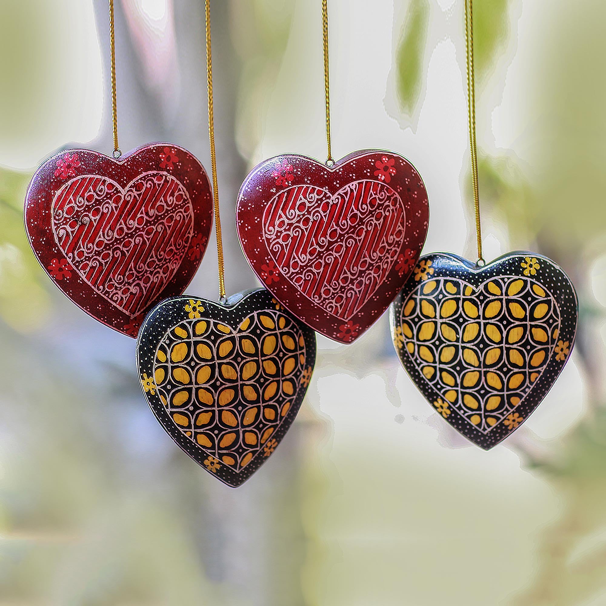 Premium Handcrafted Batik Wood Heart Ornaments - Set of 4, Traditional Java Design