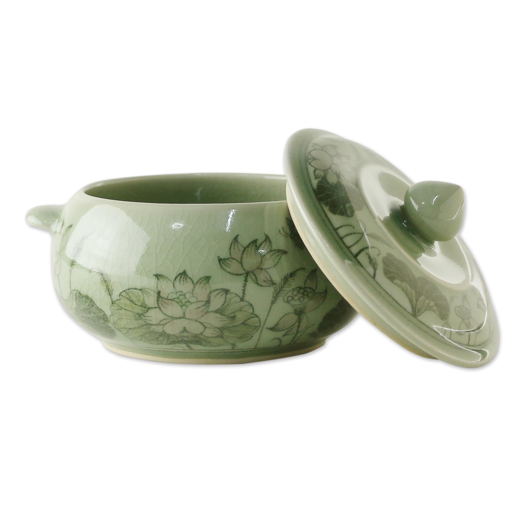 Premium Lotus Bouquet Celadon Ceramic Soup Bowl with Lid - Handcrafted in Thailand