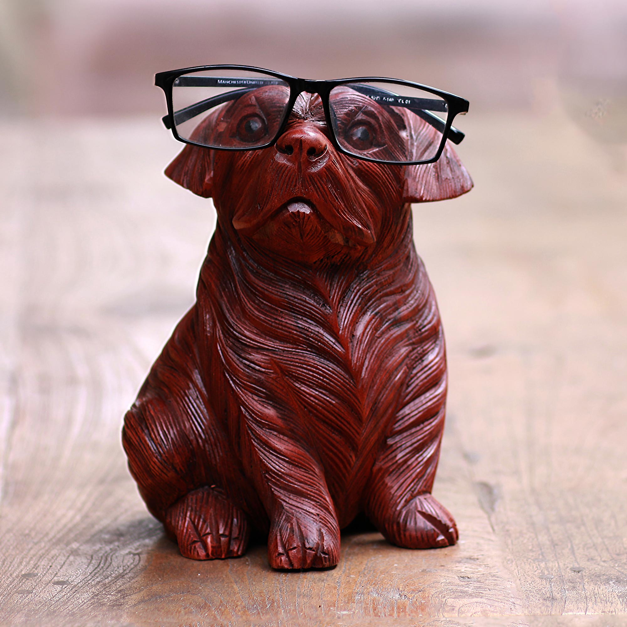 Premium Hand-Carved Suar Wood Pug Eyeglasses Holder - Ultimate Desk Companion