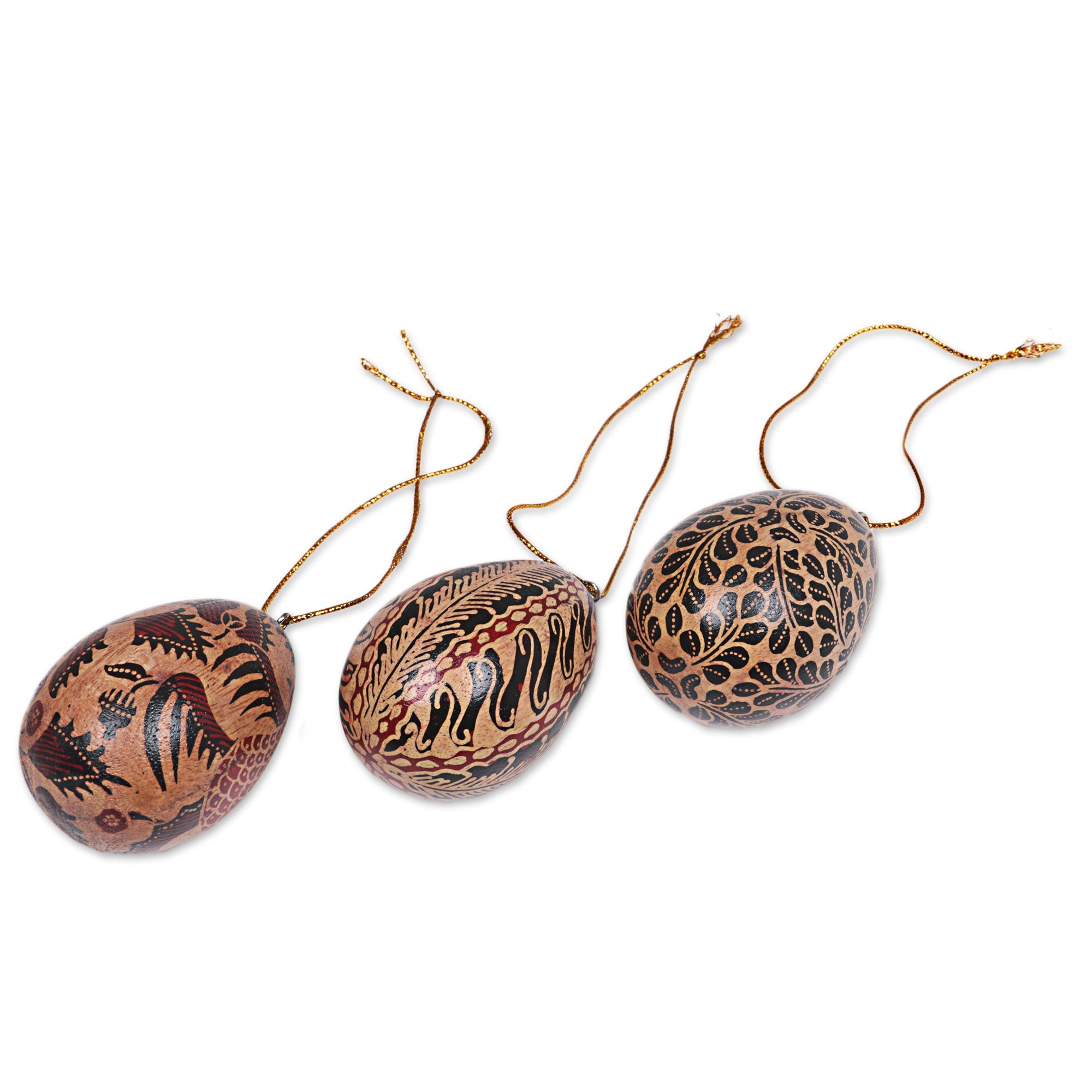Premium Handcrafted Parang Batik Wood Egg Ornaments - Set of 3 from Indonesia