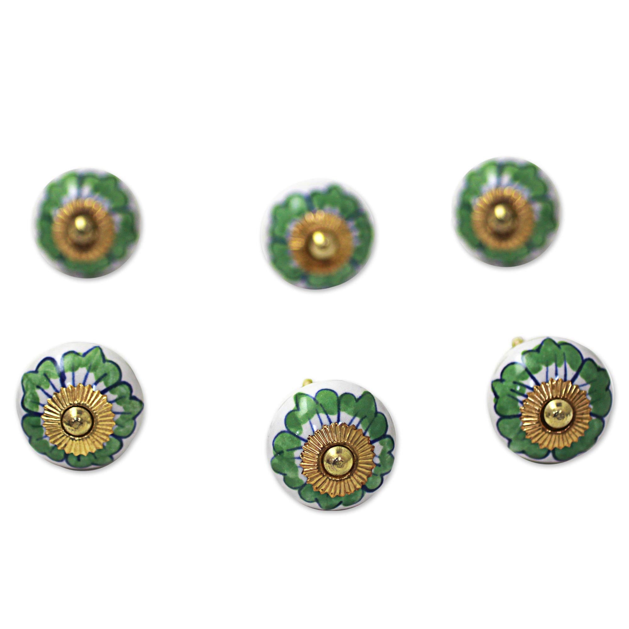 Premium Handcrafted Floral Ceramic Cabinet Knobs - Green & White (Set of 6)