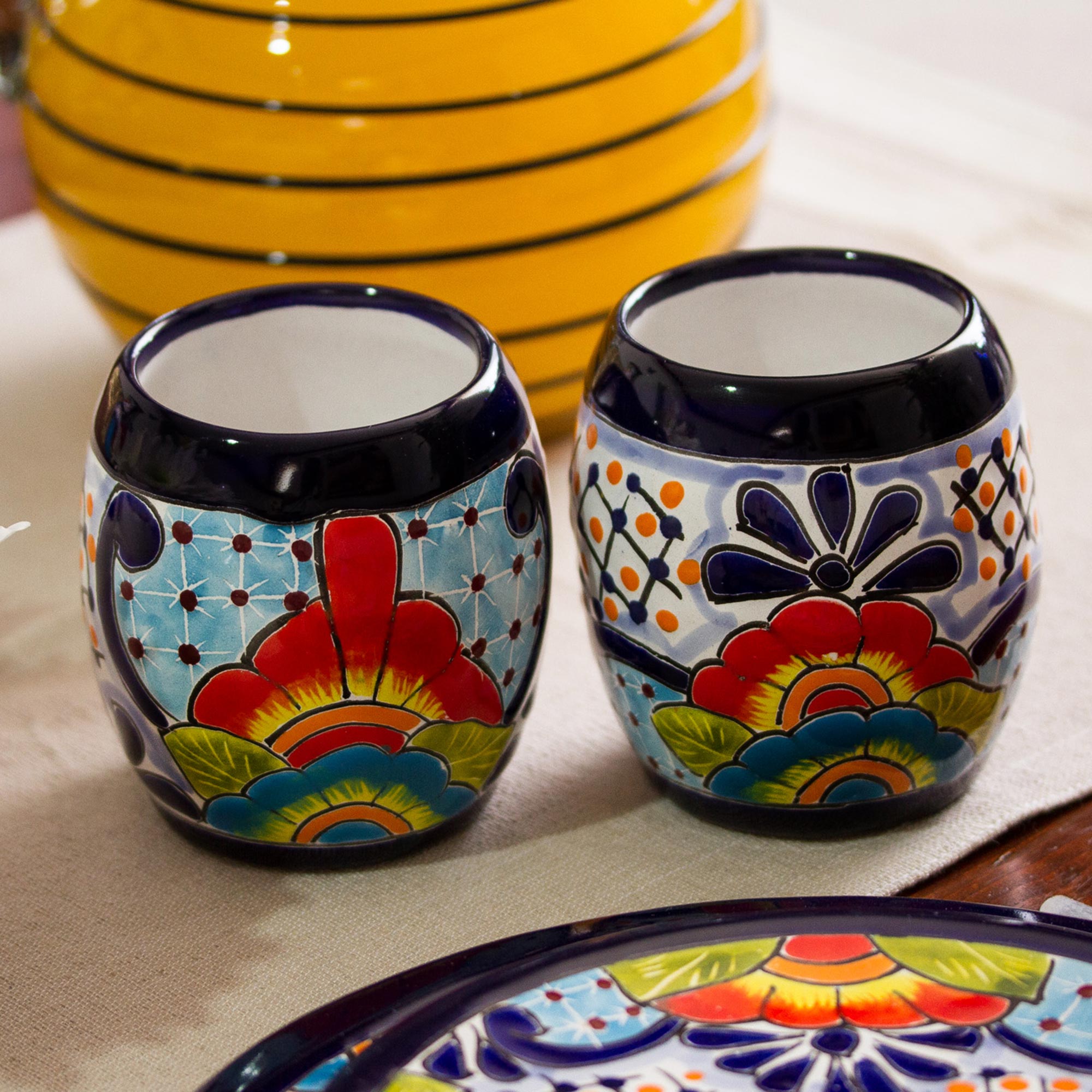 Premium Hand-Painted Talavera Ceramic Juice Glasses – Floral Artisan Pair
