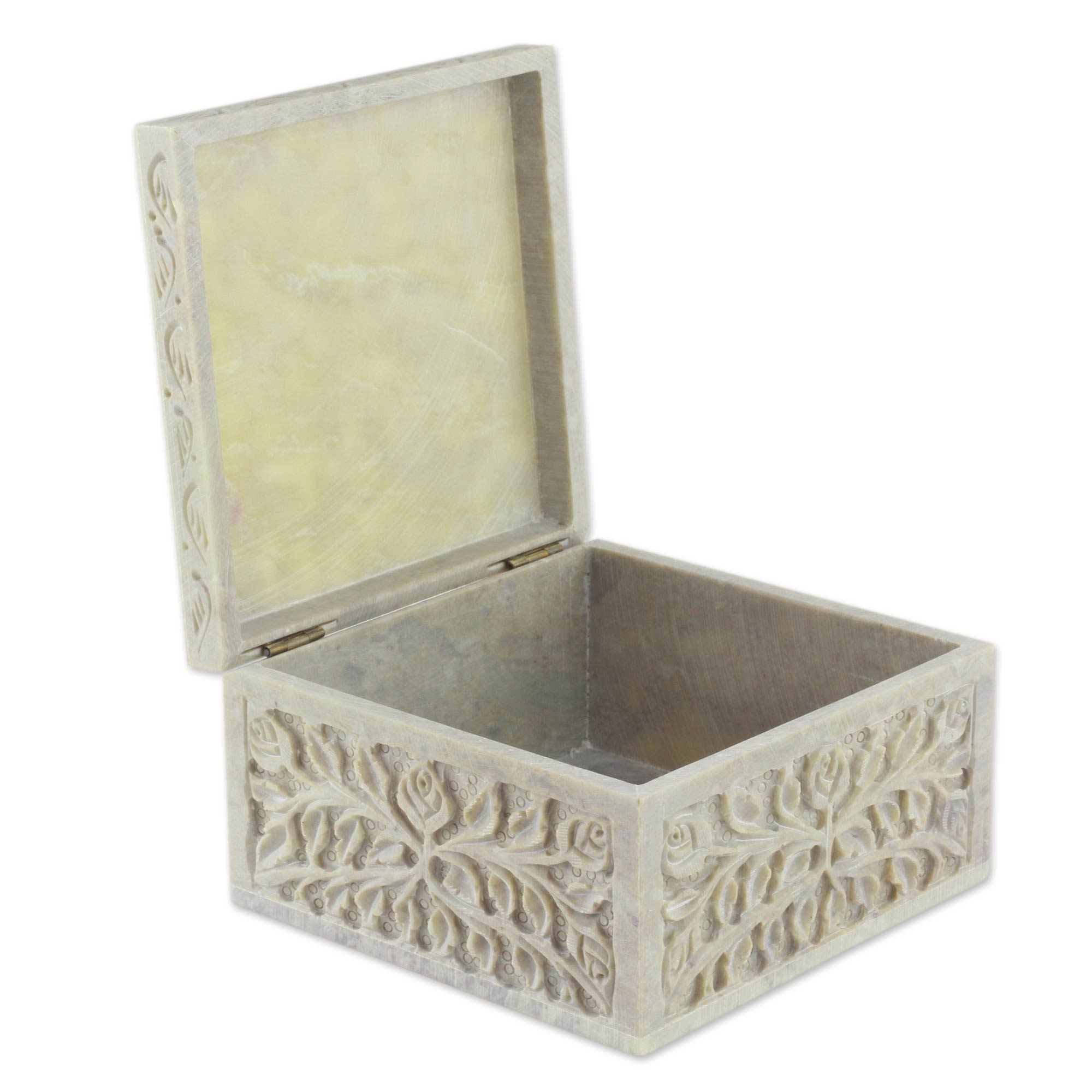 Premium Hand-Carved Soapstone Jewelry Box with Leafy Heart Design - Made in India