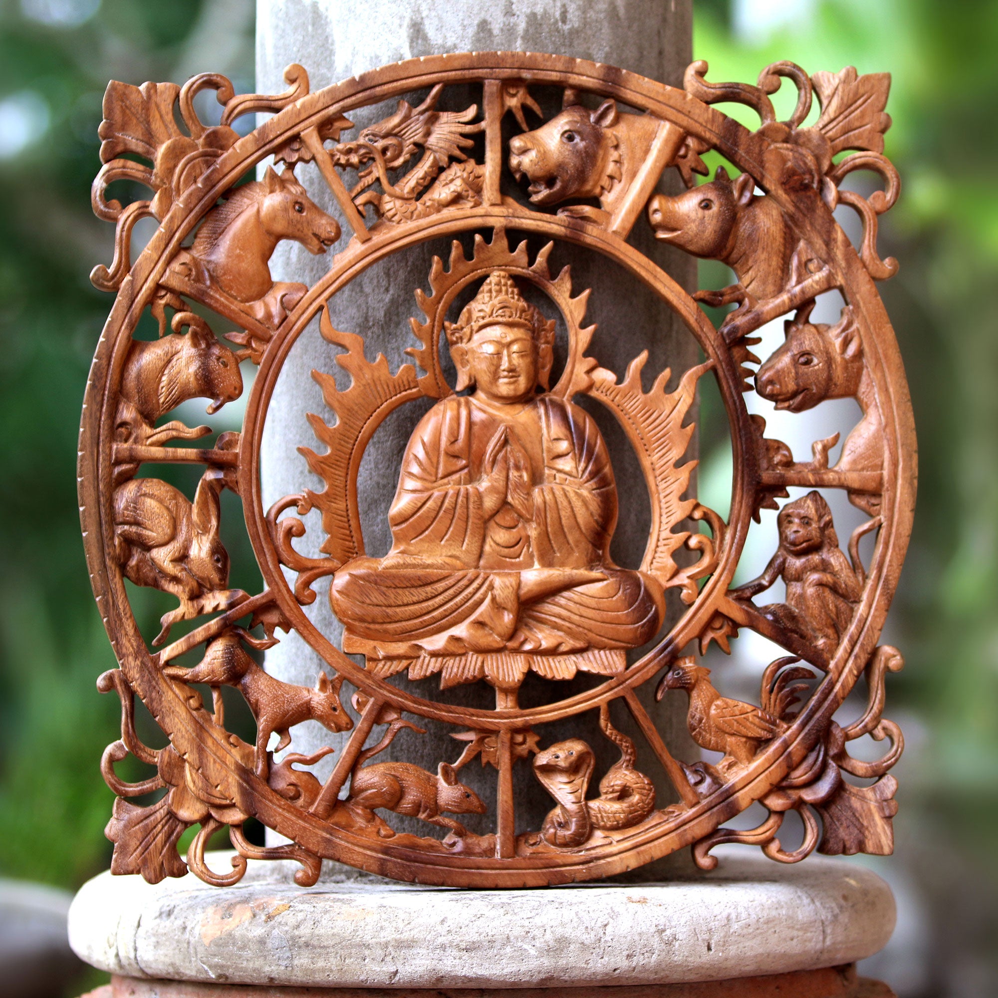 Premium Zodiac Buddha Wood Relief Panel – Handcrafted in Bali