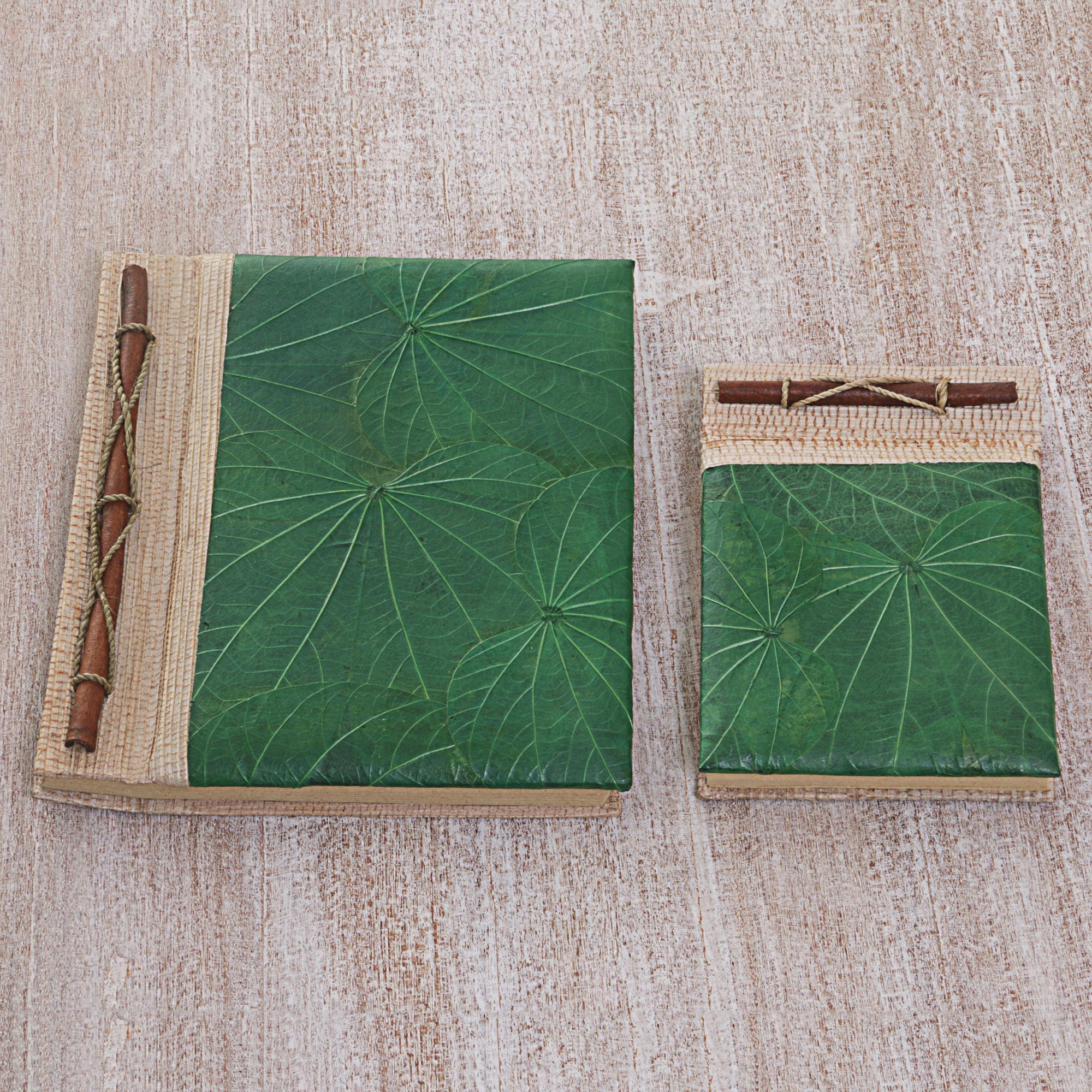 Premium Handcrafted Green Autumn Spirit Rice Paper Notebooks - Eco-Friendly Pair from Indonesia