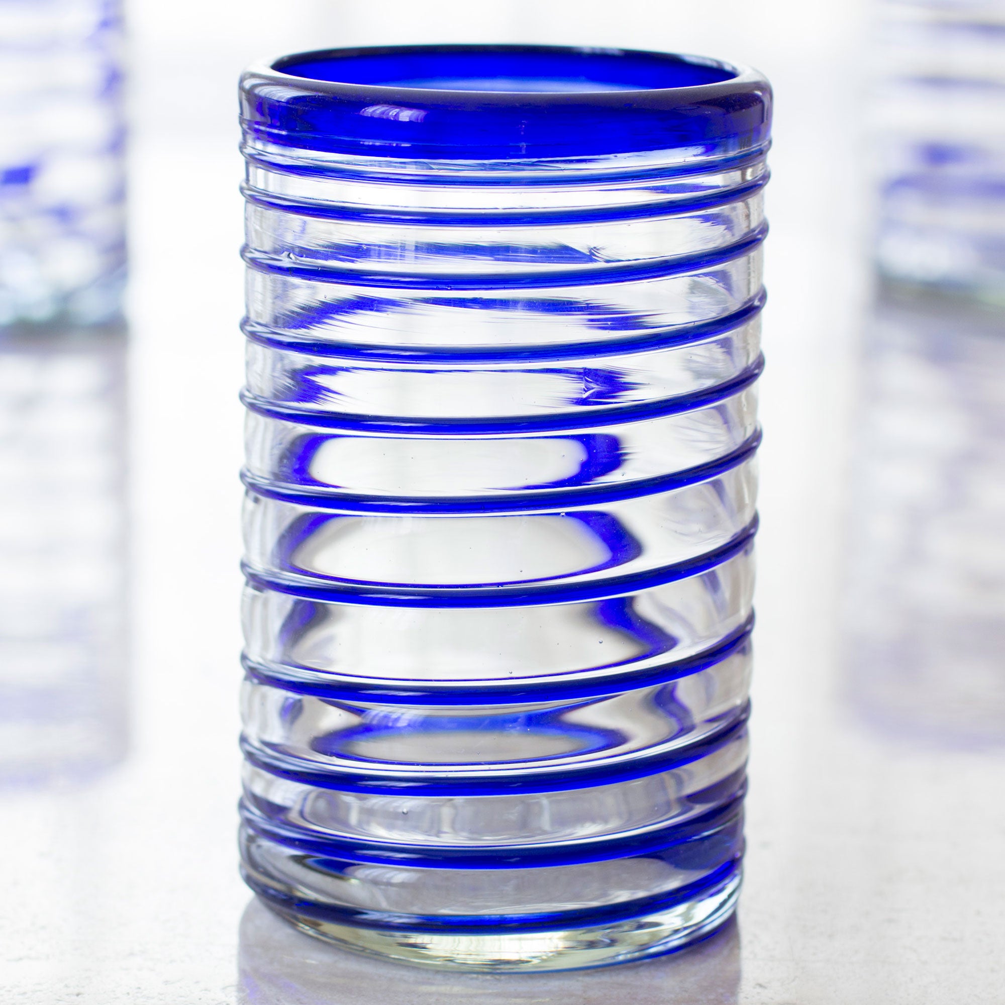 Premium Spirals of Thought Handblown Recycled Glass Striped Blue Drinkware Set - 6 Piece