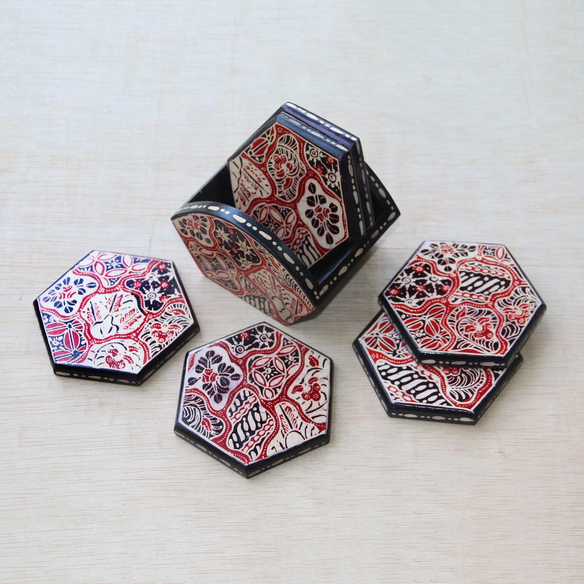Premium Sekarjagad Batik Wood Coaster Set - Red & Black Floral Design with Holder