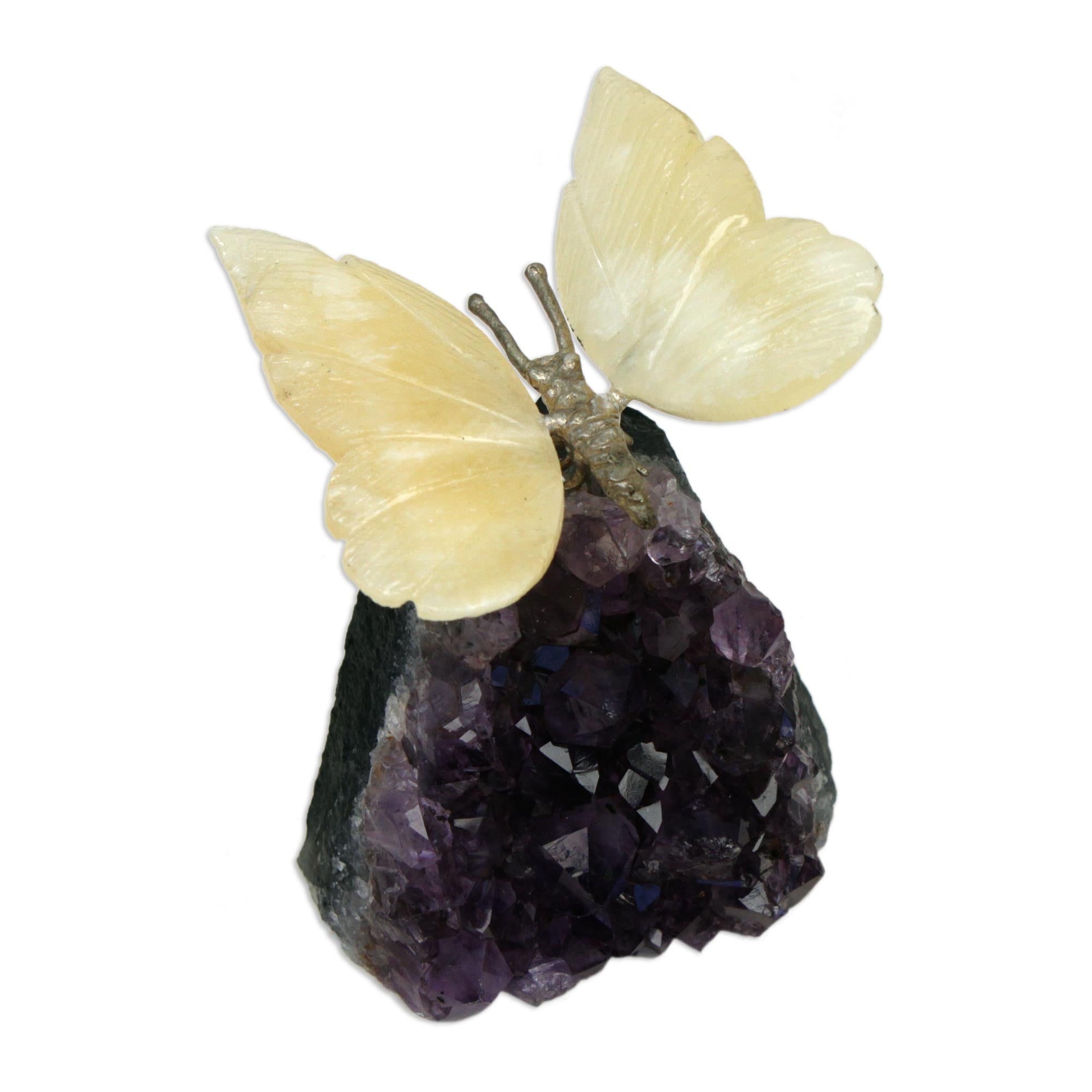 Premium Honey Calcite & Amethyst Butterfly Sculpture - Handcrafted Gemstone Art