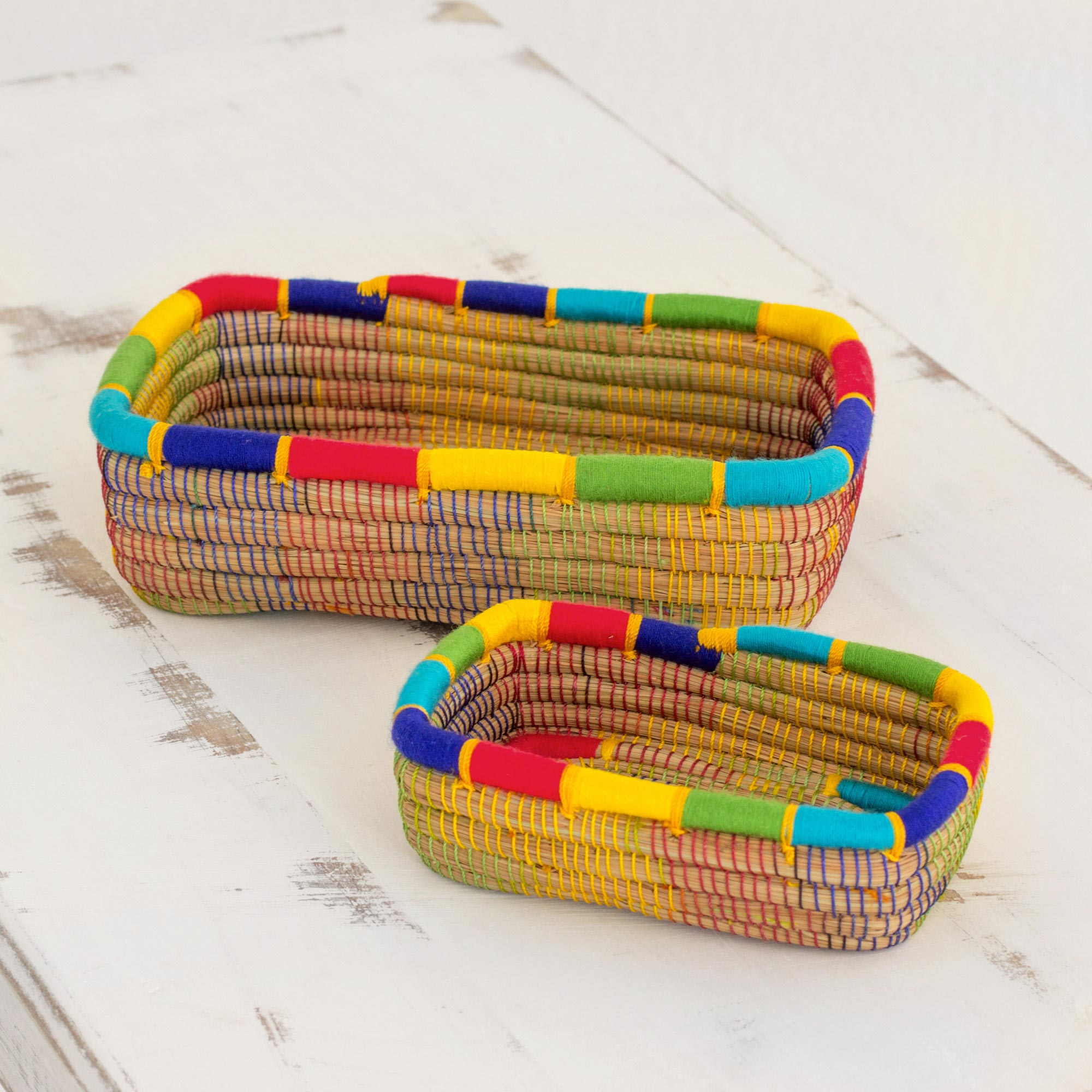 Premium Nicaraguan Handwoven Pine Needle Baskets - Multicolored Rainbow Trim, Set of 2