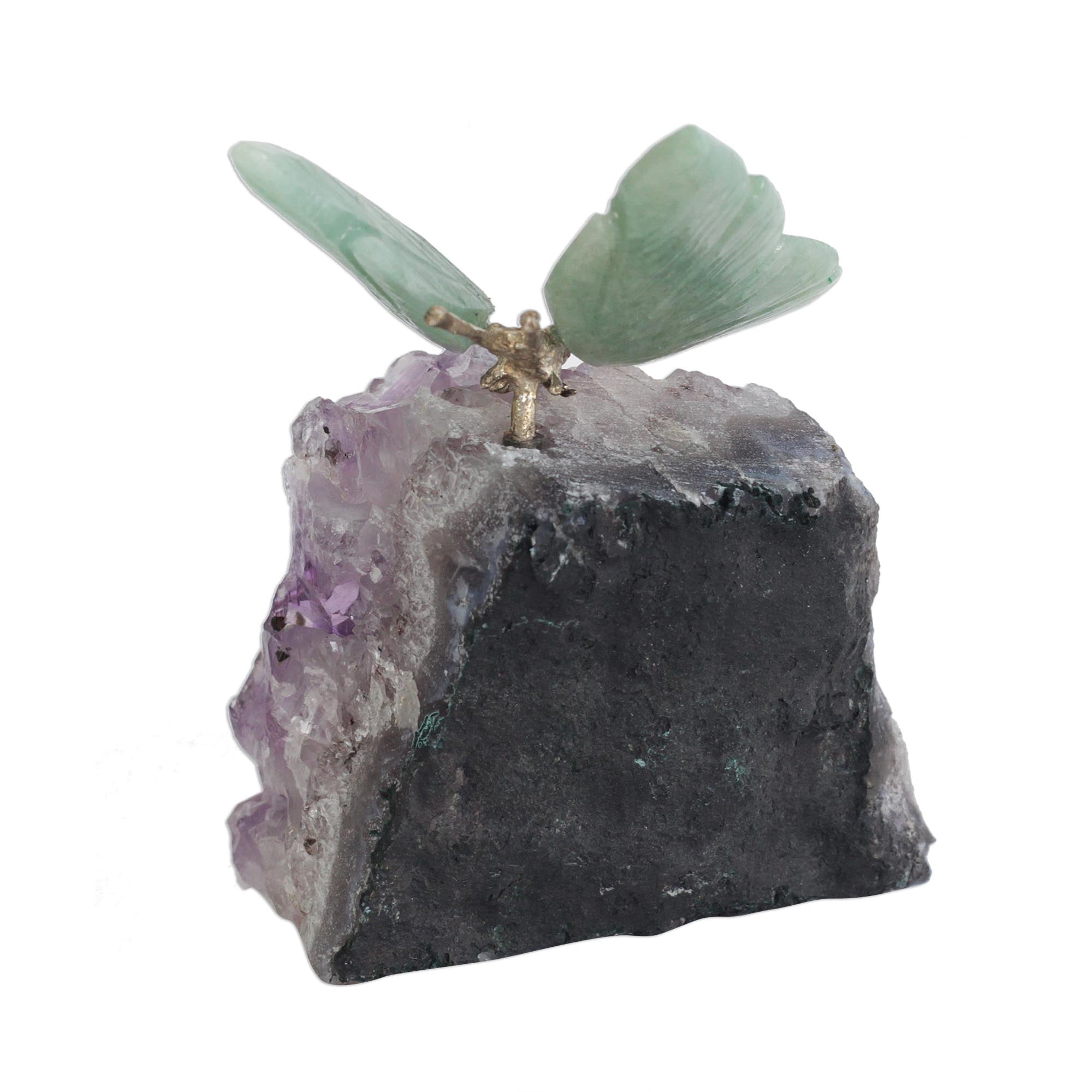 Premium Verdant Wings Butterfly Sculpture: Quartz & Amethyst Gemstone Art