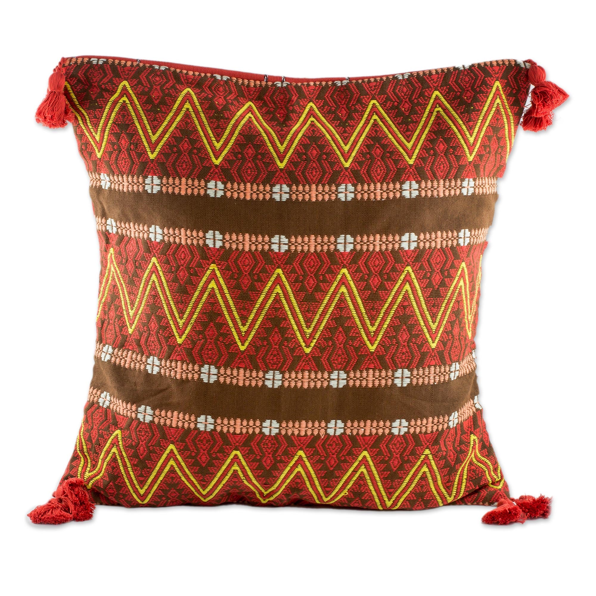 Premium Handwoven Zigzag Cotton Cushion Cover - Chestnut Design by Guatemalan Artisans