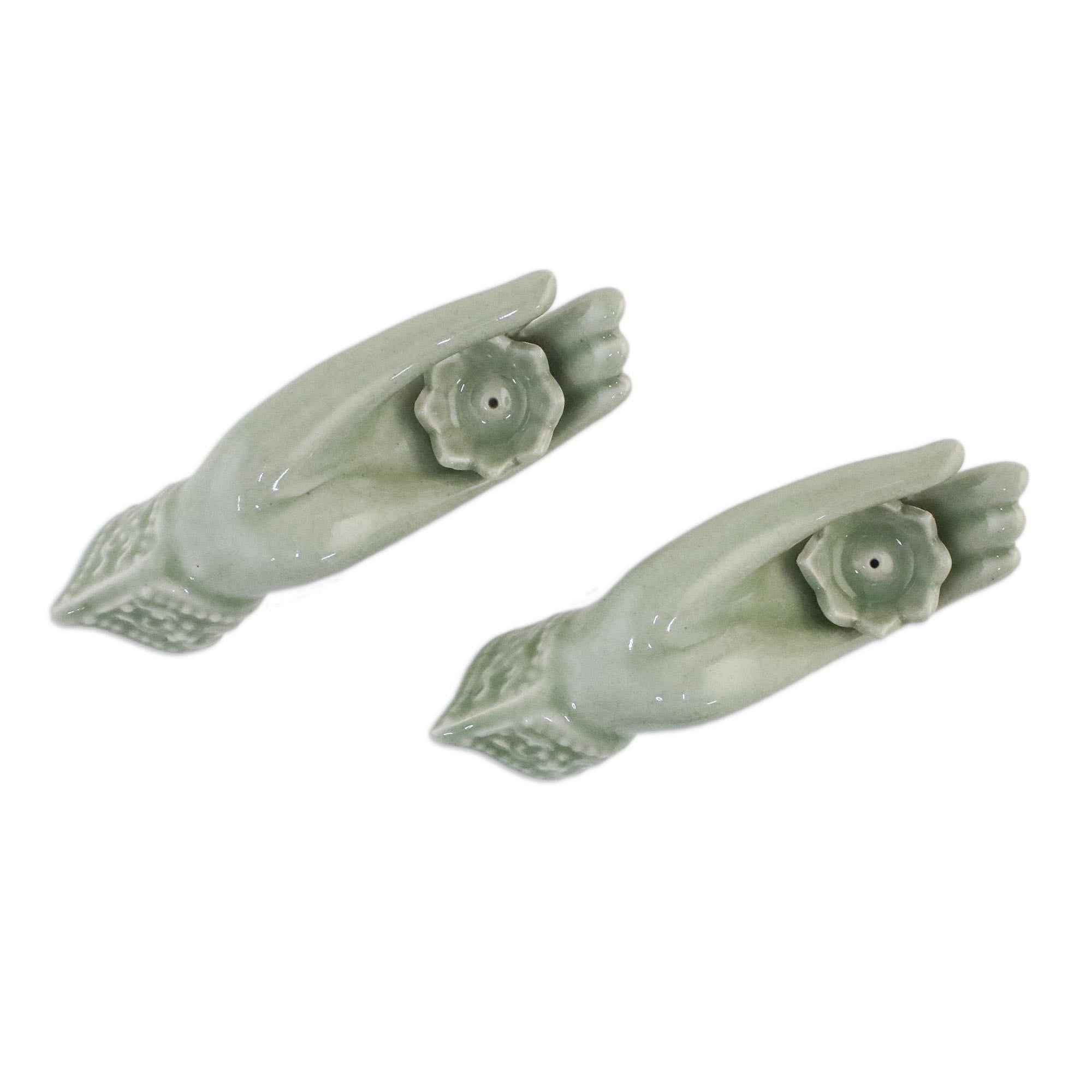 Premium Thai Dance Hands Celadon Incense Holders – Zen Decor Set of 2