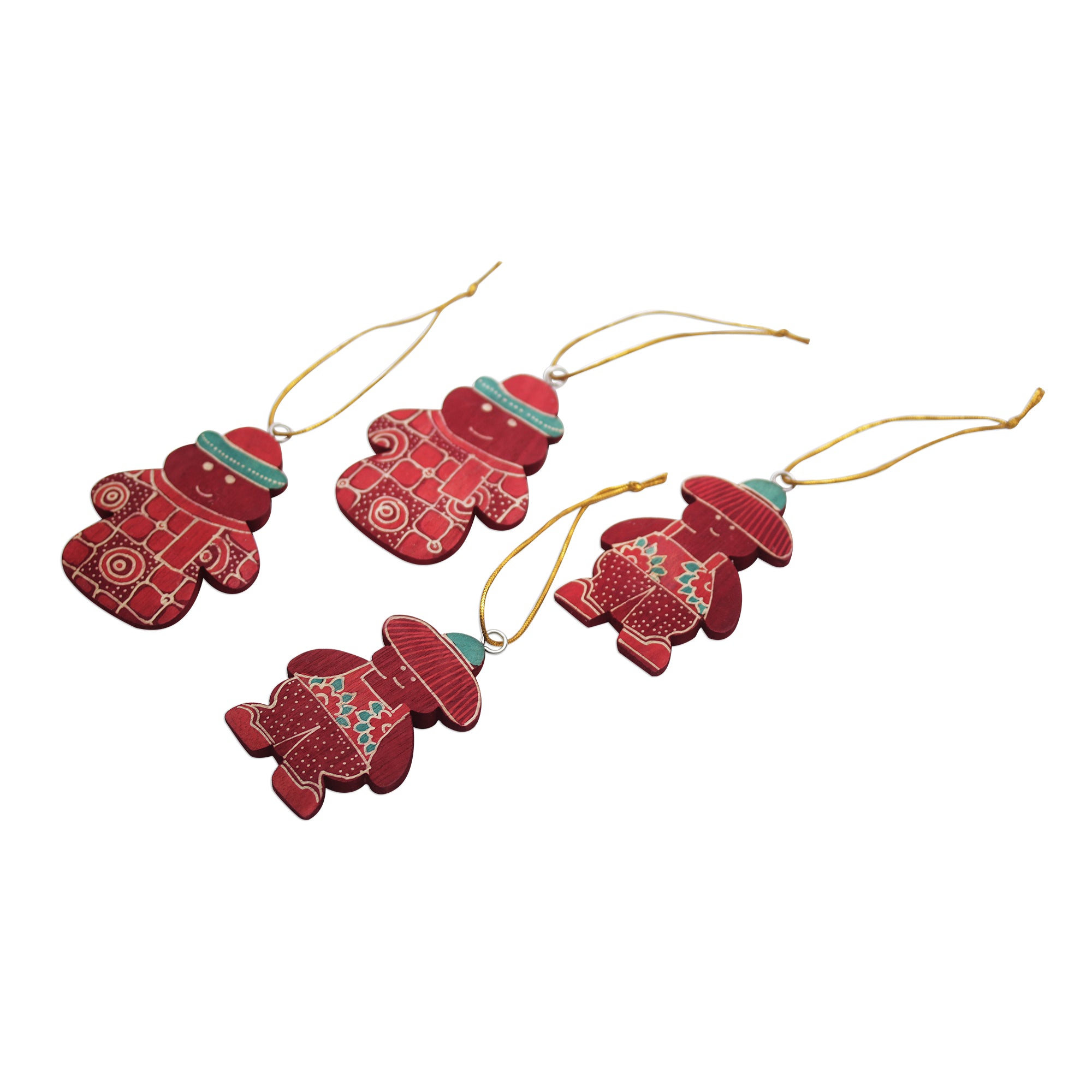 Premium Red Snowmen Batik Wood Ornaments - Set of 4 Handcrafted Holiday Decor
