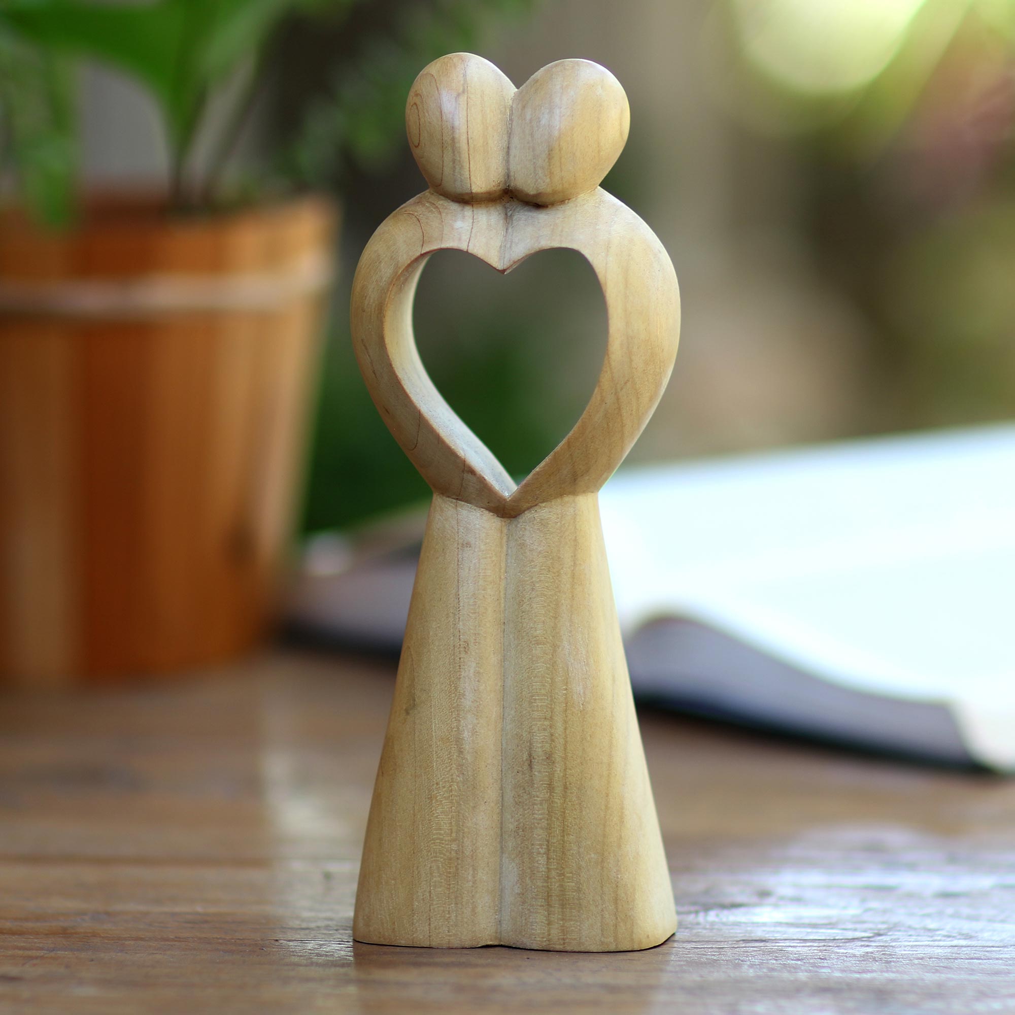 Premium United Heart Abstract Crocodile Wood Statuette - Handcrafted in Bali