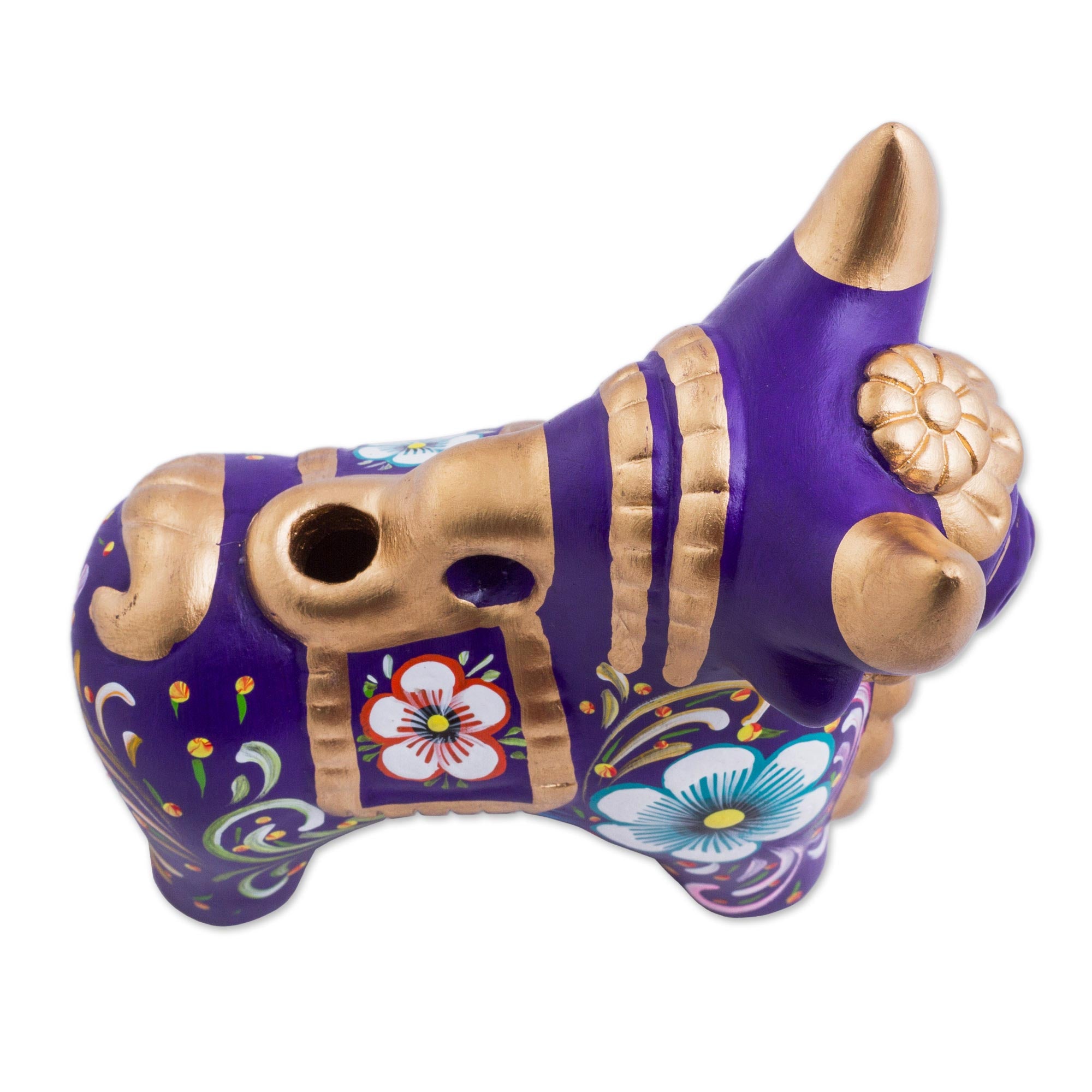 Premium Purple Pucara Bull Ceramic Sculpture - Hand-Painted Floral Art from Peru
