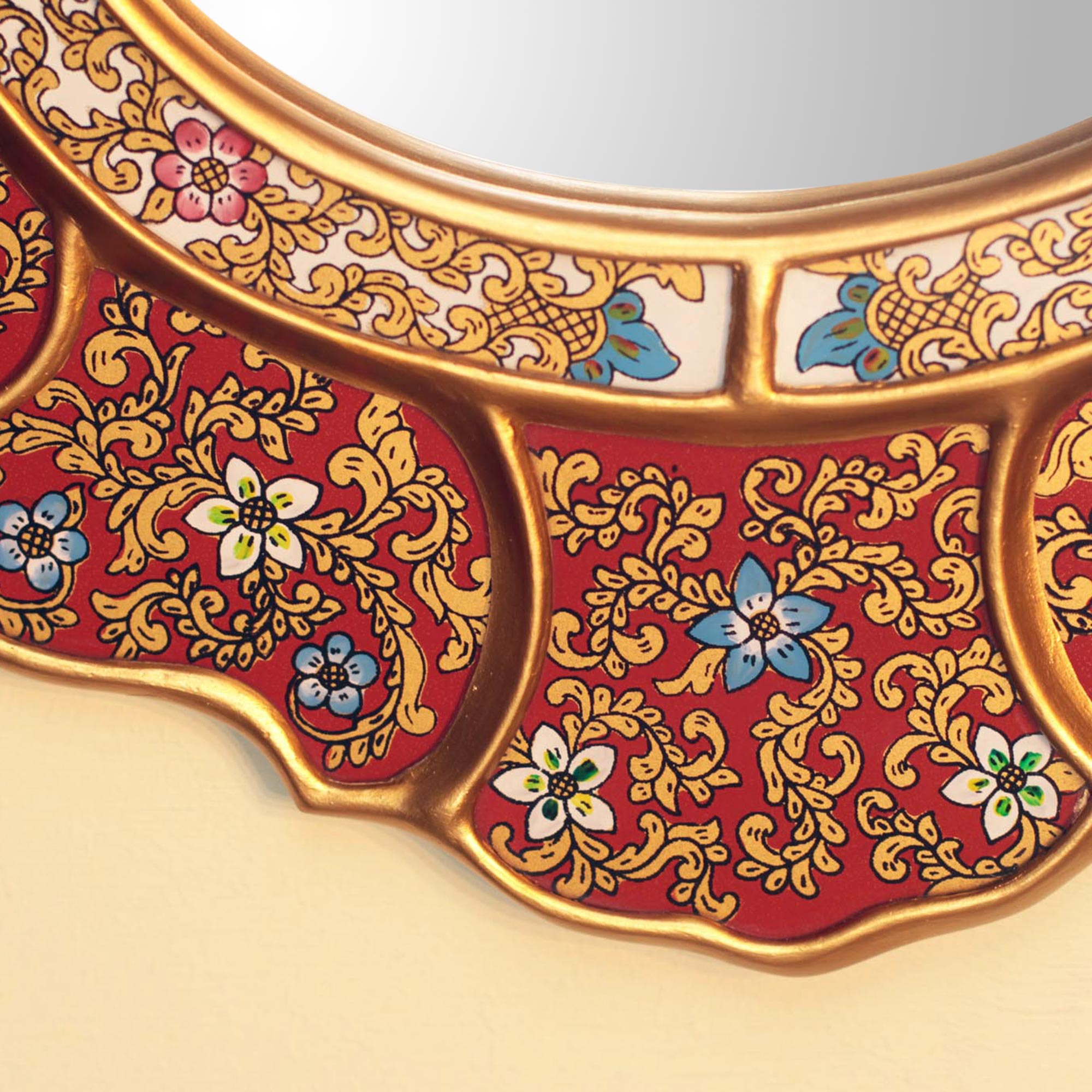 Premium Floral Crimson Reverse Painted Glass Wall Mirror - Unique Red & Gold Design