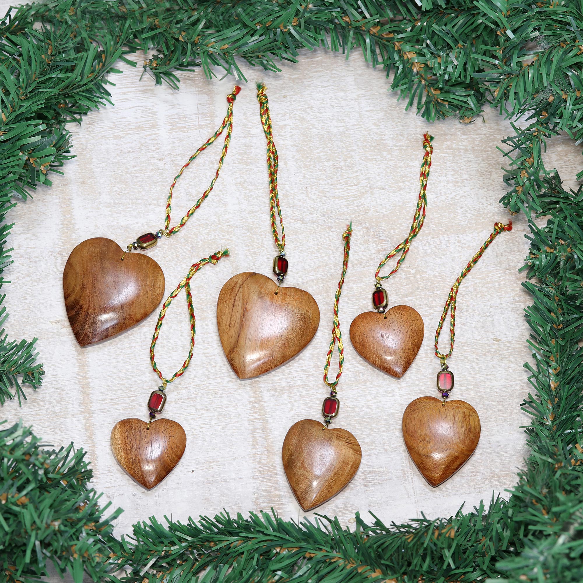 Premium Hand-Carved Hearts of Joy Wood Ornaments (Set of 6)