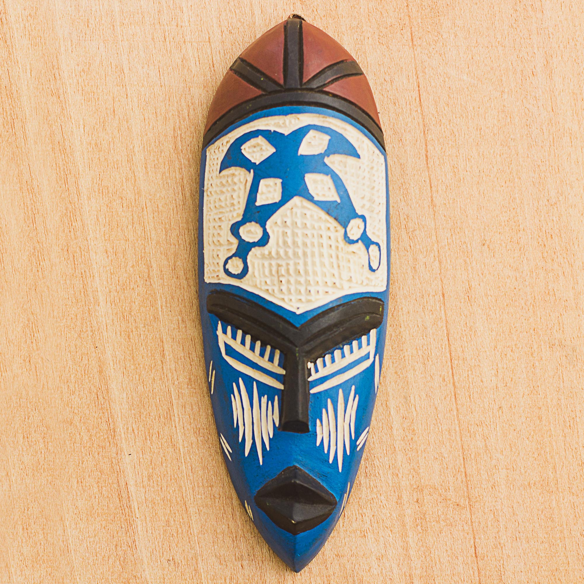 Premium Courageous Ohene African Wall Mask - Handcrafted Blue & Cream Wood Art
