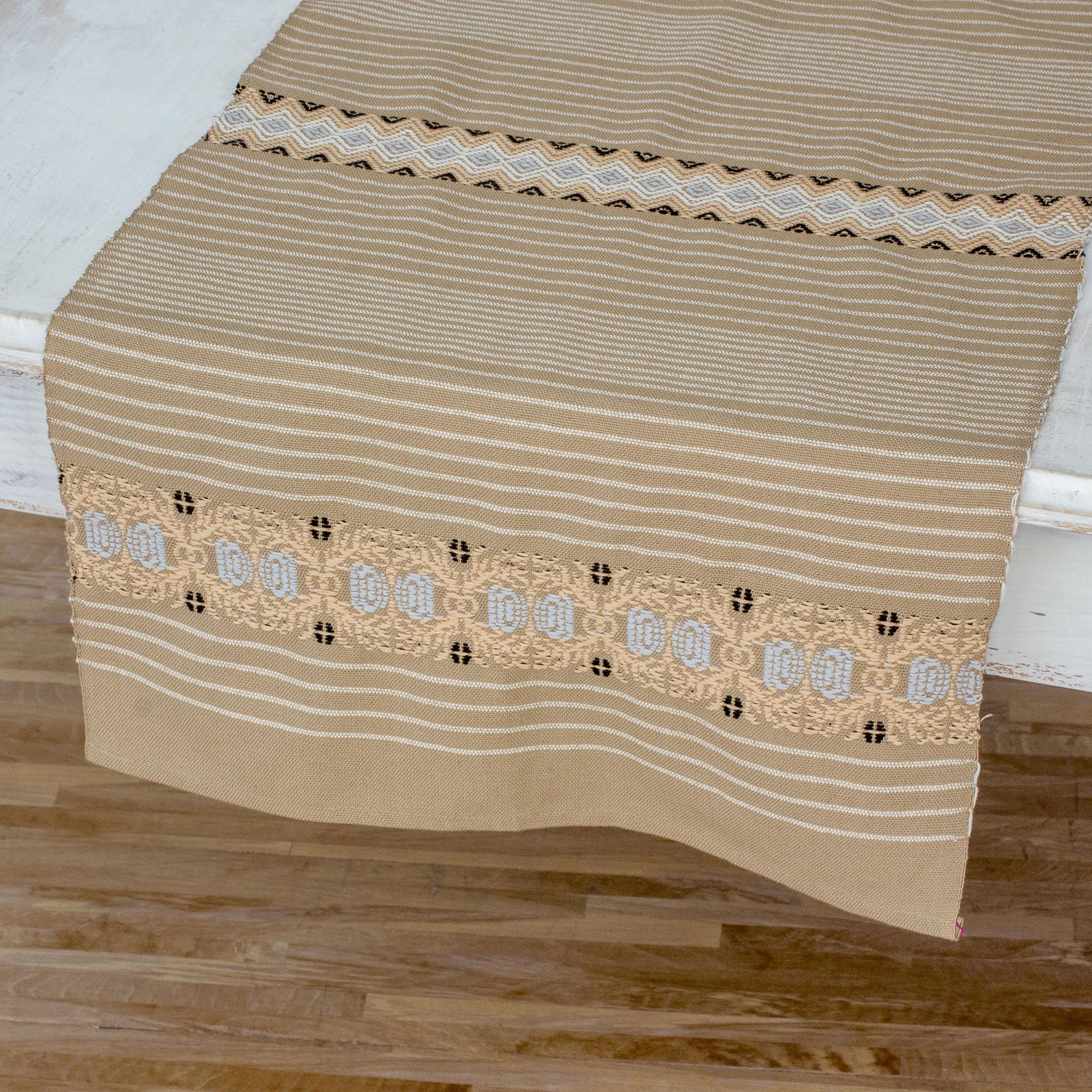 Premium Handwoven Khaki Striped Table Runner - Authentic Guatemalan Artisan Craft