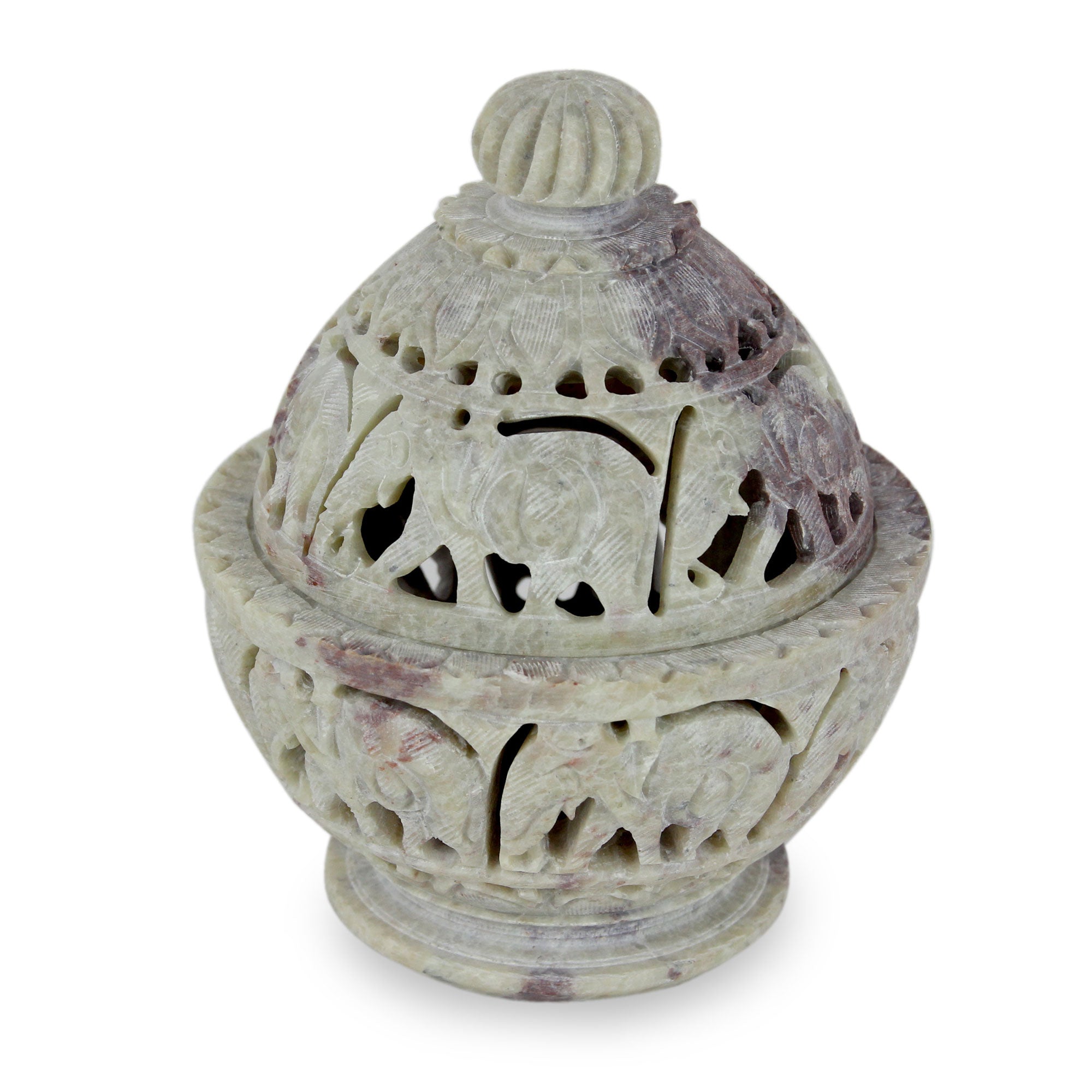 Premium Hand-Carved Elephant Parade Soapstone Decorative Jar - Indian Artisan Craft