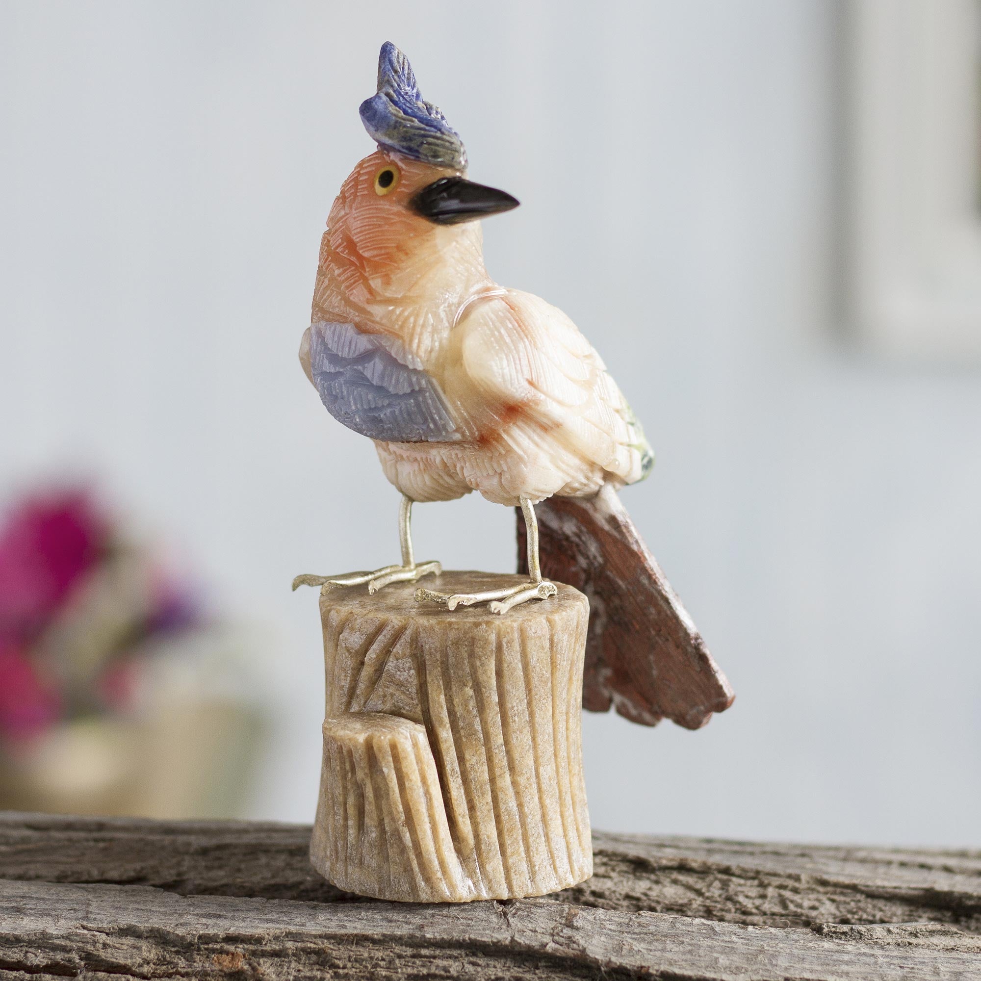 Premium Blue Crested Bird Sculpture - Handcrafted Artistry