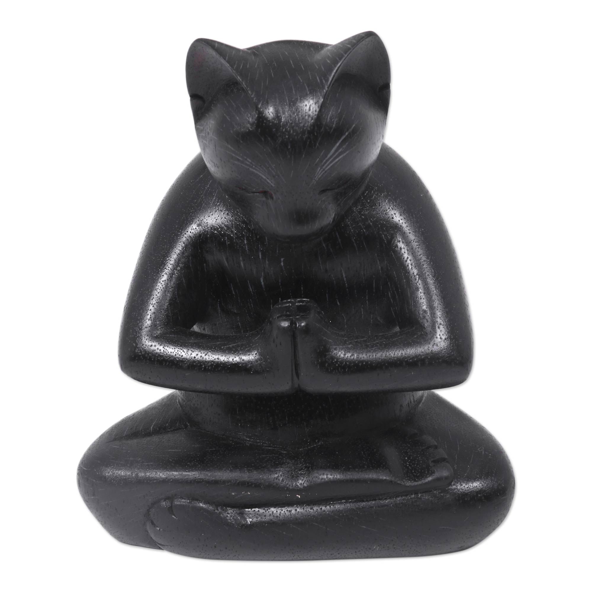 Premium Handcrafted Black Cat Prayer Sculpture in Suar Wood