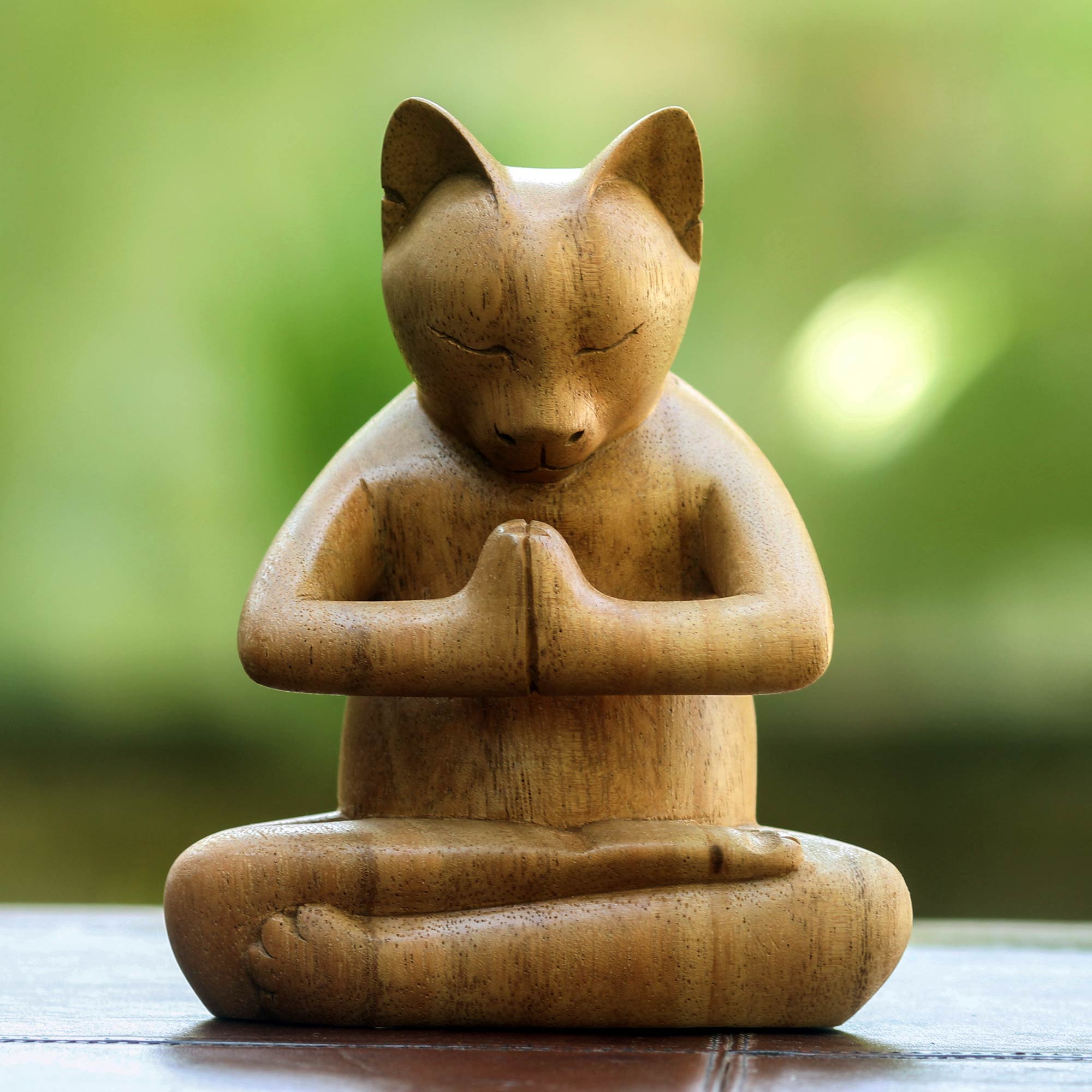 Premium Kitty Cat Yoga Sculpture - Handcrafted Suar Wood Art