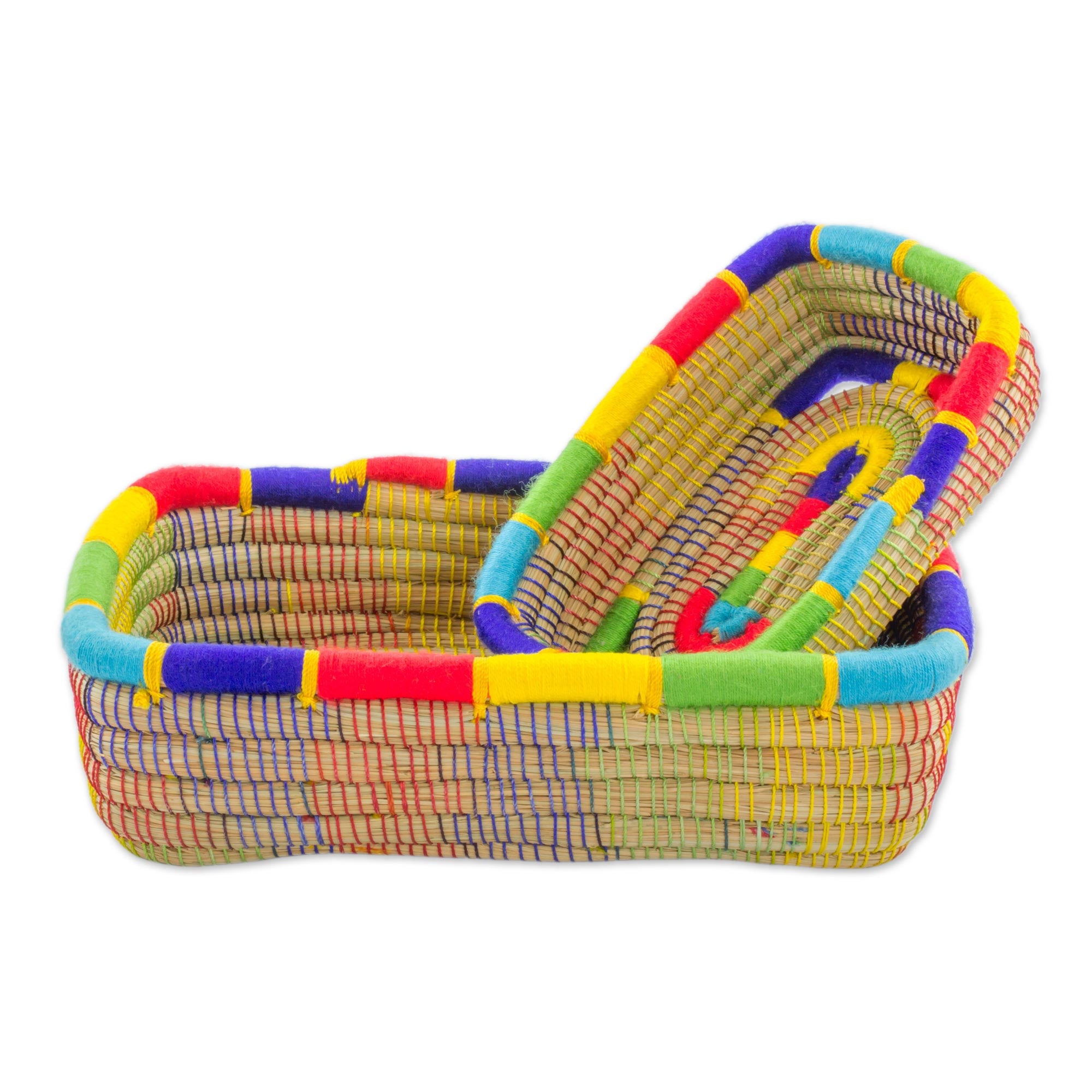 Premium Nicaraguan Handwoven Pine Needle Baskets - Multicolored Rainbow Trim, Set of 2