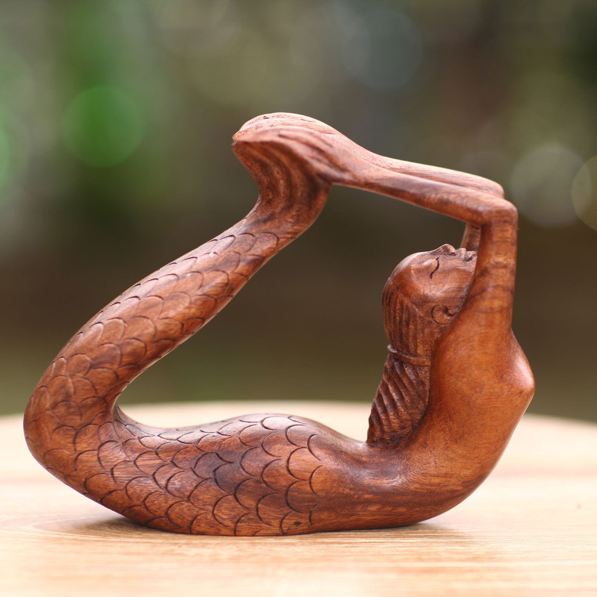 Premium Dhanurasana Mermaid Sculpture - Handcrafted Balinese Wood Art