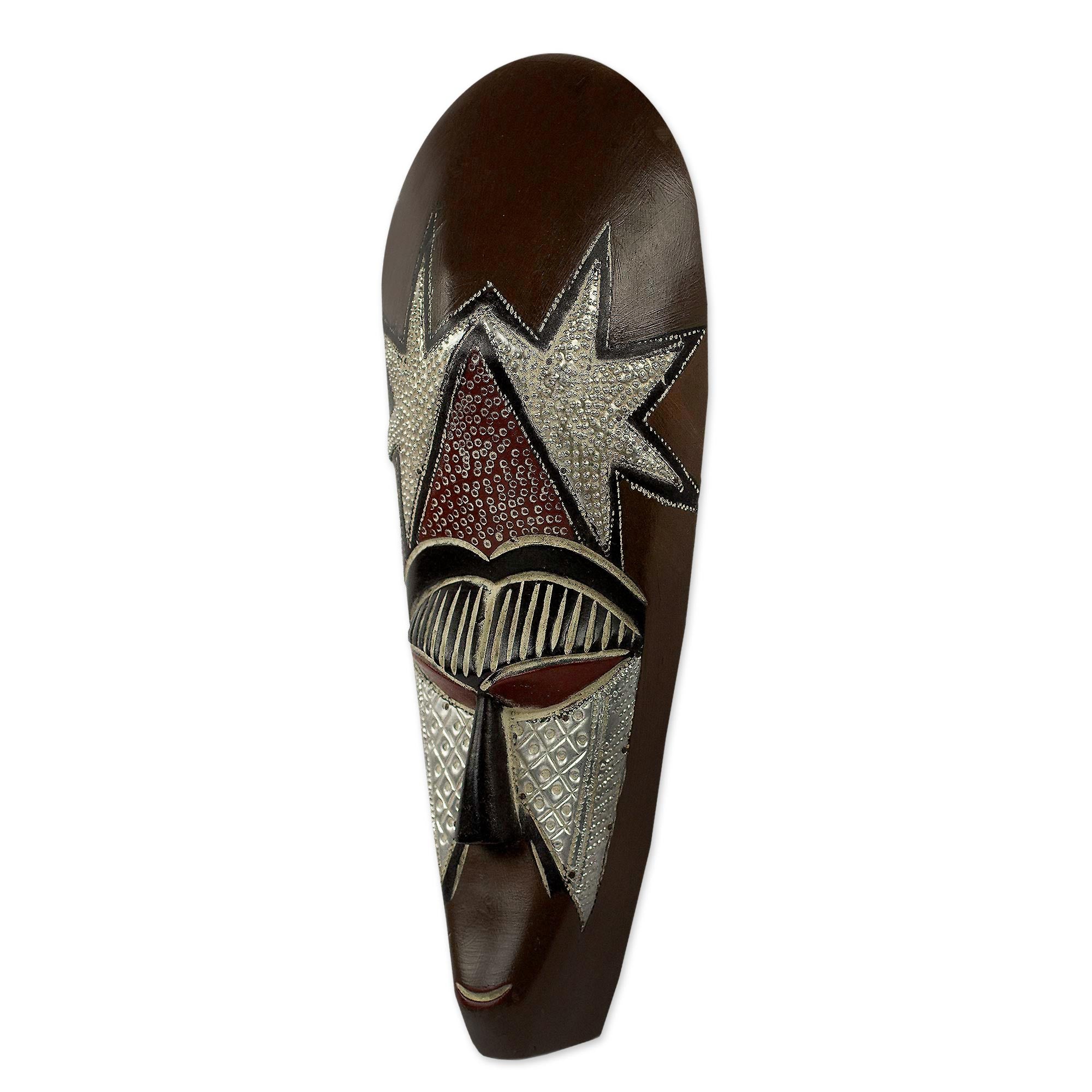 Premium Hand-Carved African Star Mask with Aluminum Accents
