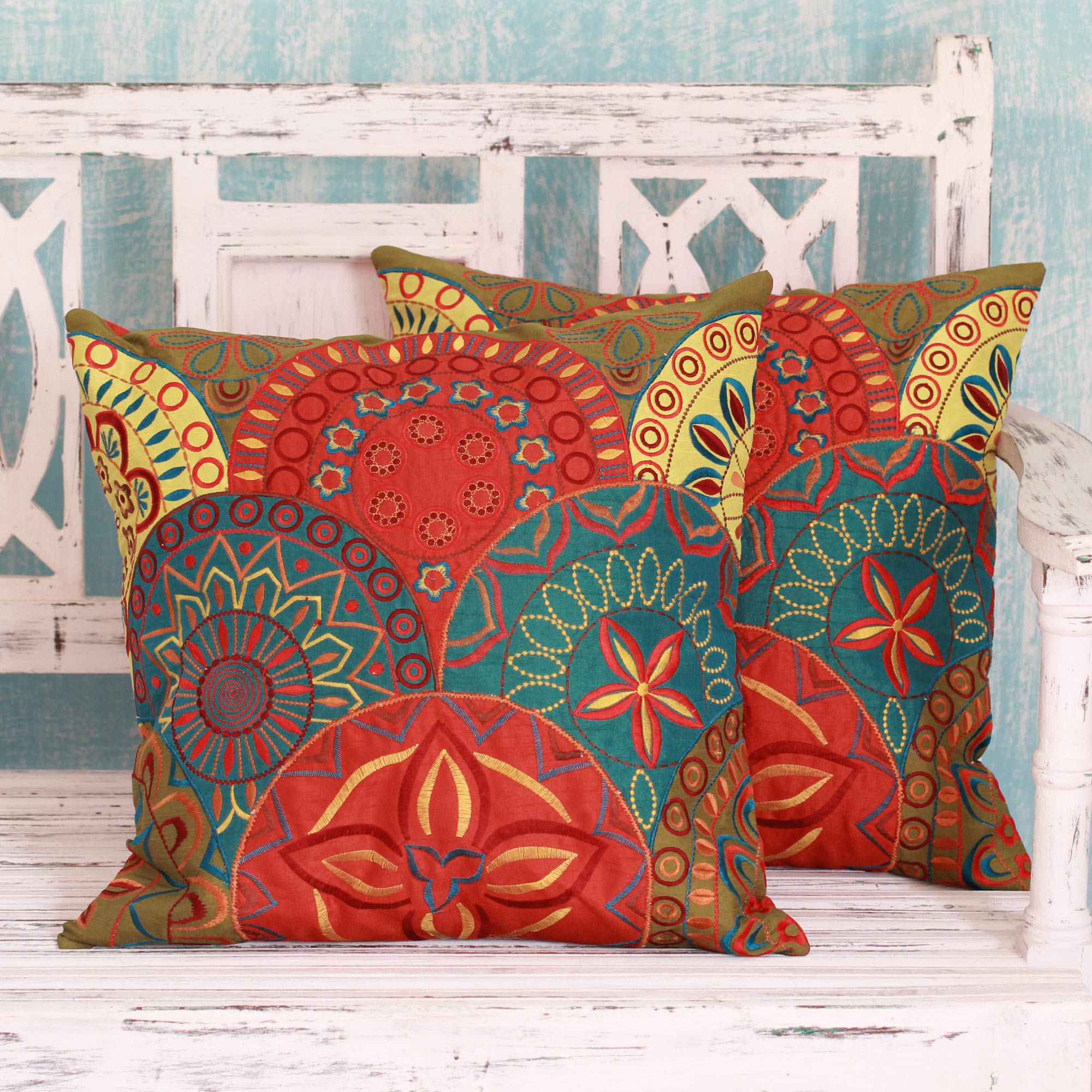 Premium Glorious 2 Teal & Orange Embroidered Cushion Covers - Upgrade Your Decor