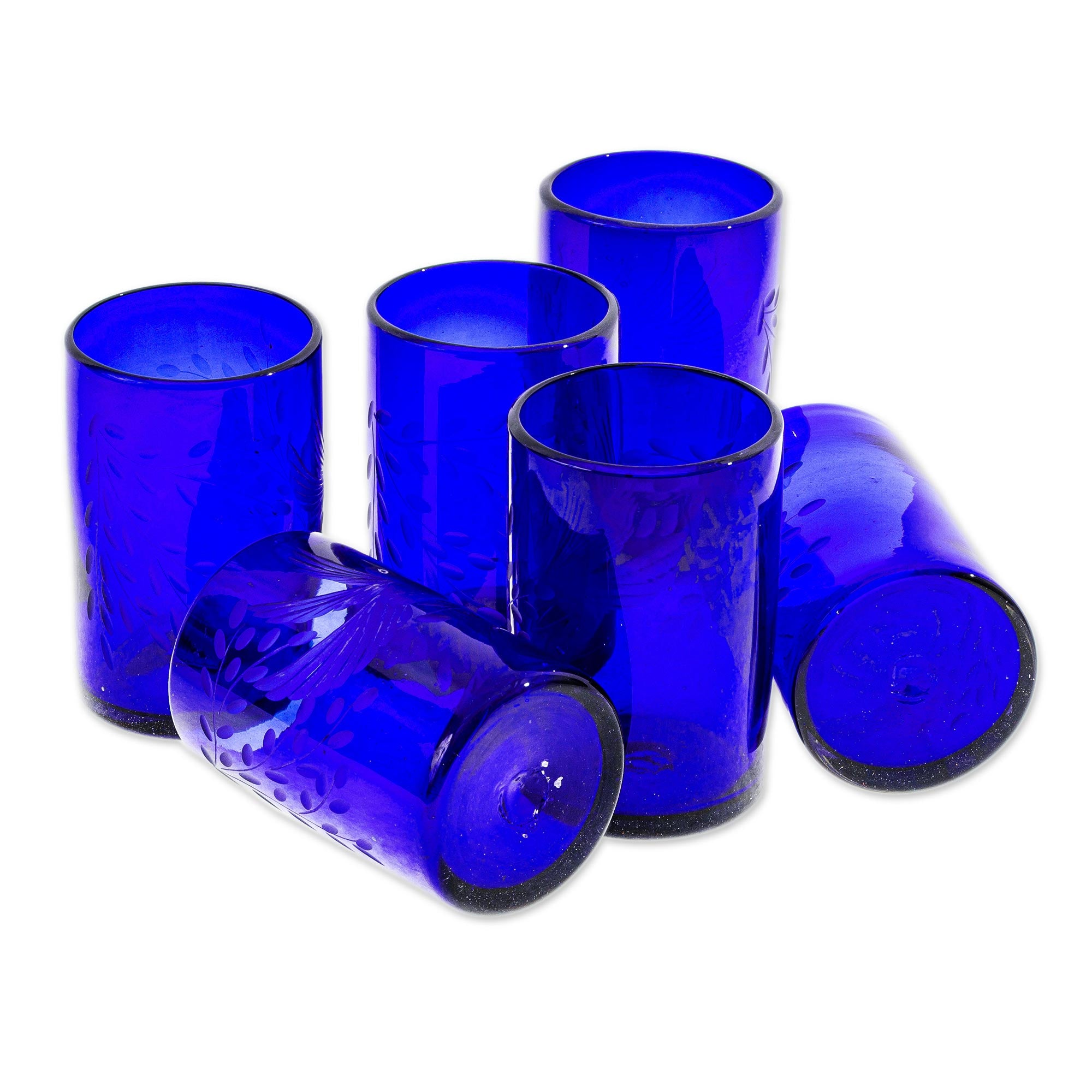 Premium Paloma Azul Etched Blue Handblown Glass Tumblers - Set of 6