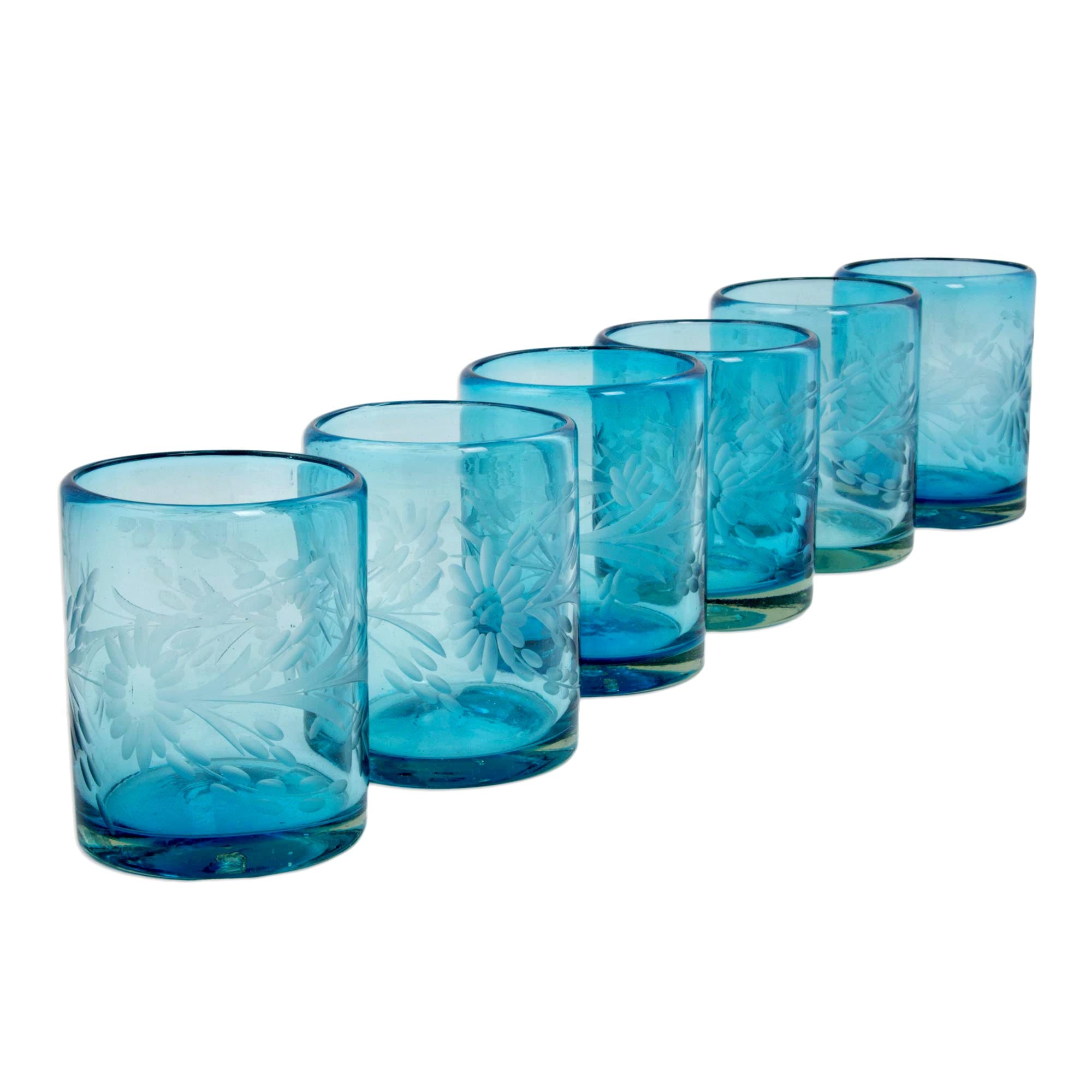 Premium Aquamarine Sunflower Engraved Hand-Blown Rocks Glass Set of 6 - Ultimate Craftsmanship