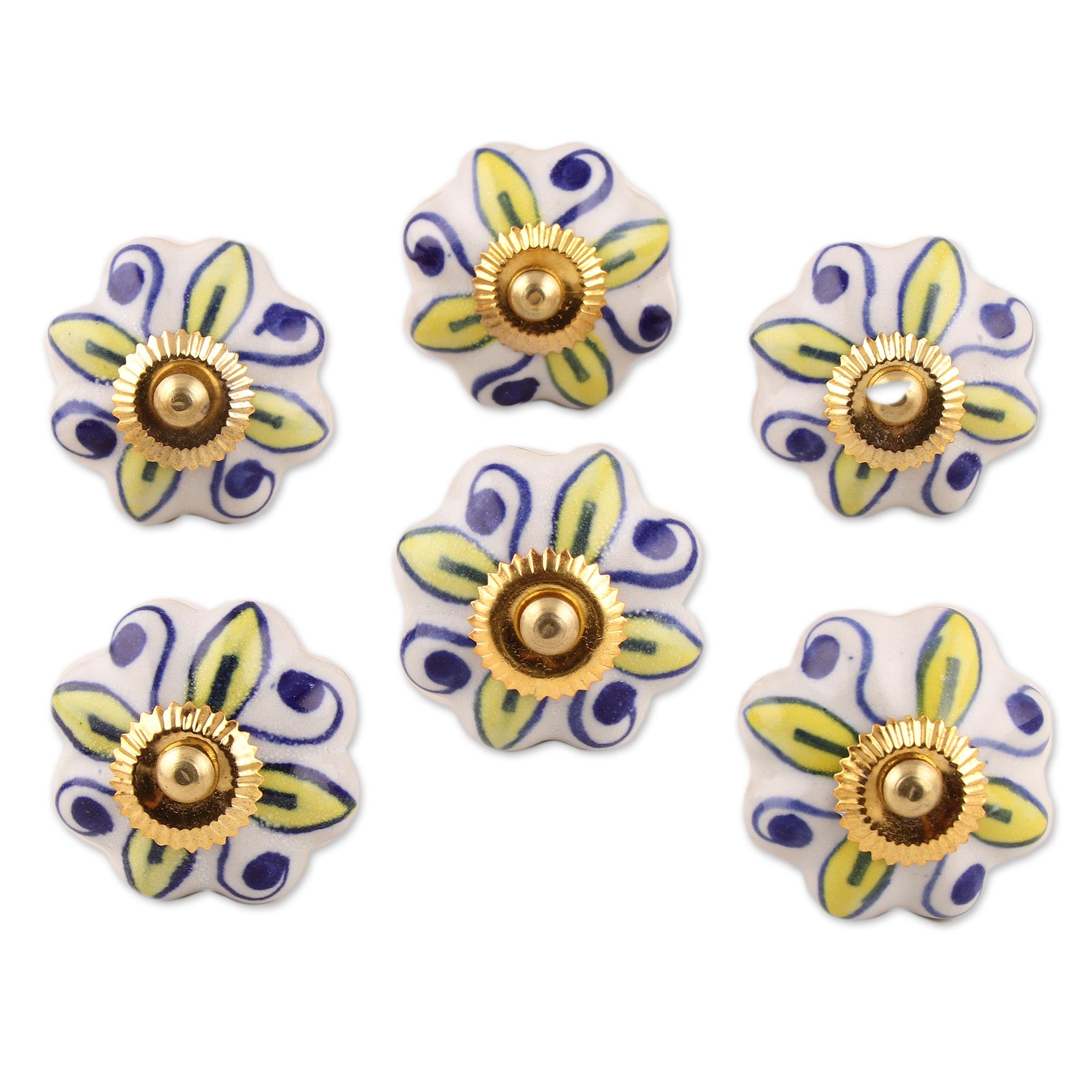 Premium Handcrafted Ceramic Cabinet Knobs - Floral Yellow & White Set of 6