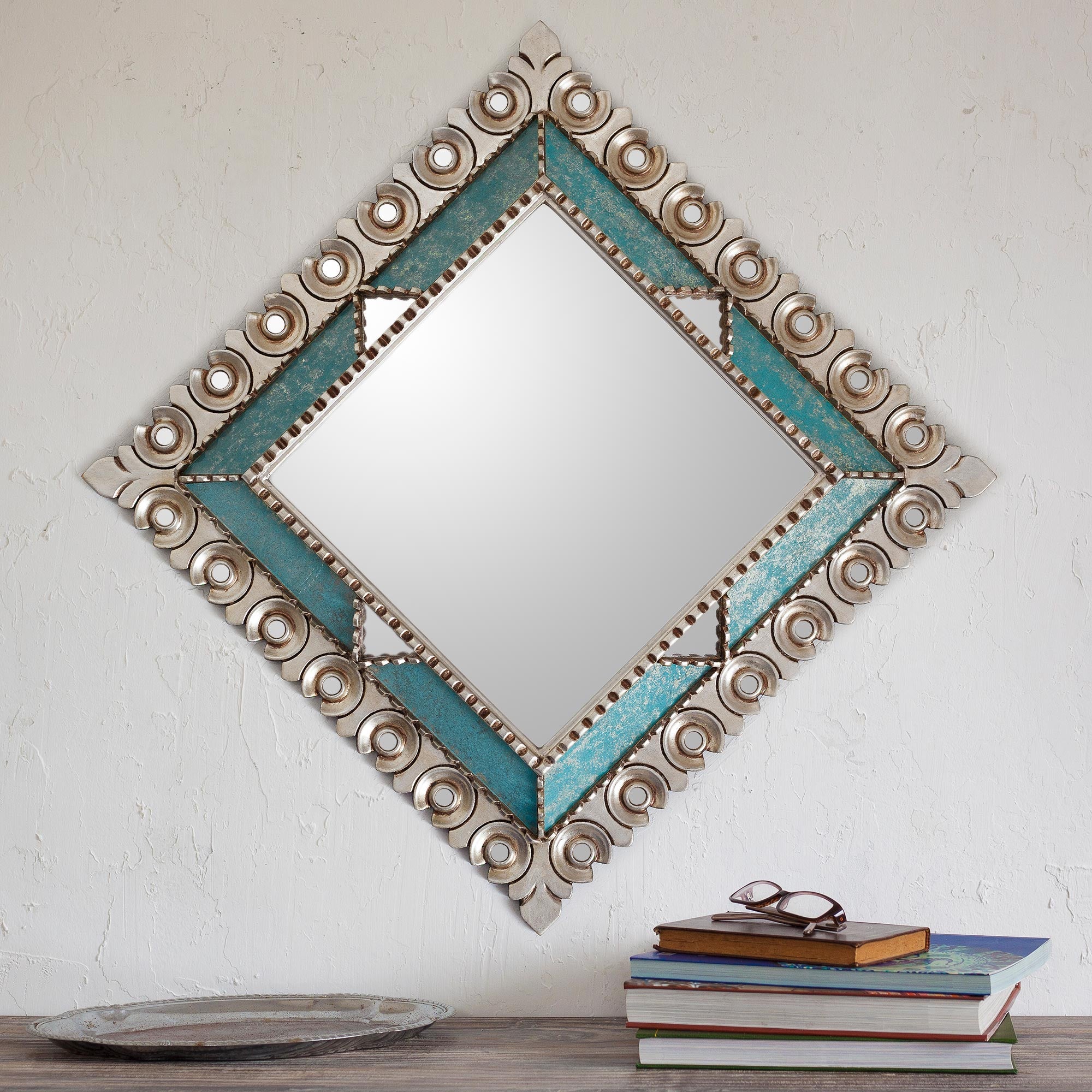 Premium Colonial Trance Square Mirror - Handcrafted Silver Gilded Wood Wall Art from Peru